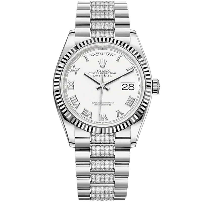 Day-Date 36 36mm President Bracelet and 18 KT White Gold with White Dial Fluted Bezel and Diamond-Set President Bracelet - Rolex