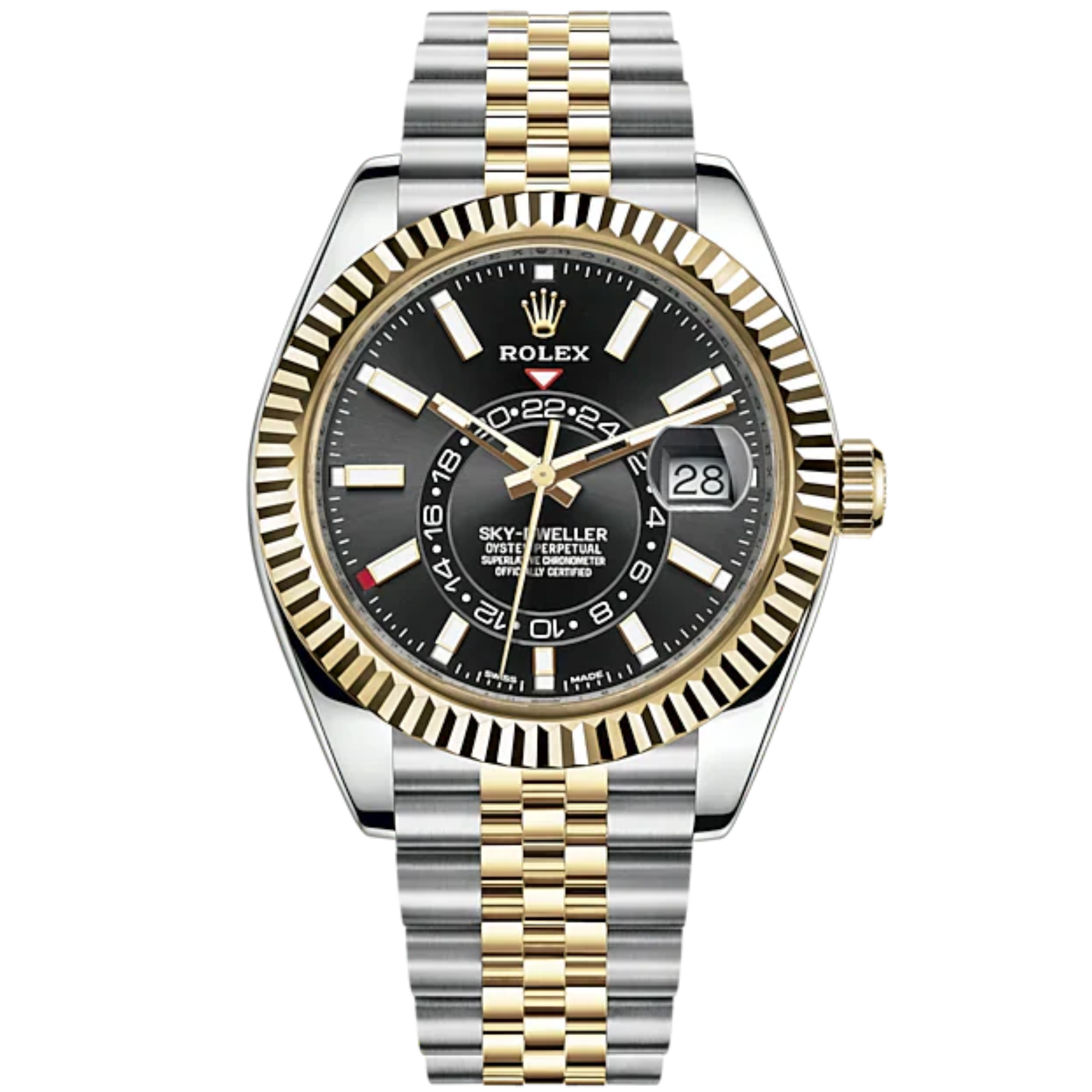 Sky-Dweller 42mm Jubilee Bracelet Oystersteel and Yellow Gold with Bright Black Dial Fluted Bezel - Rolex