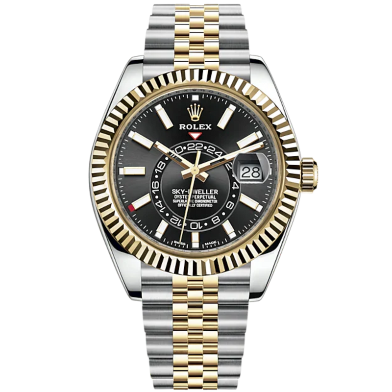 Sky-Dweller 42mm Jubilee Bracelet Oystersteel and Yellow Gold with Bright Black Dial Fluted Bezel - Rolex