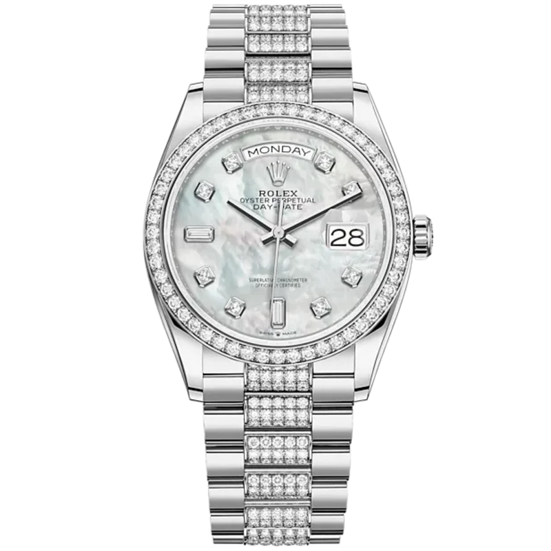 Day-Date 36 36mm President Bracelet and 18 KT White Gold with White Mother-of-Pearl Dial Diamond-Set Dial Diamond-Set Bezel - Rolex