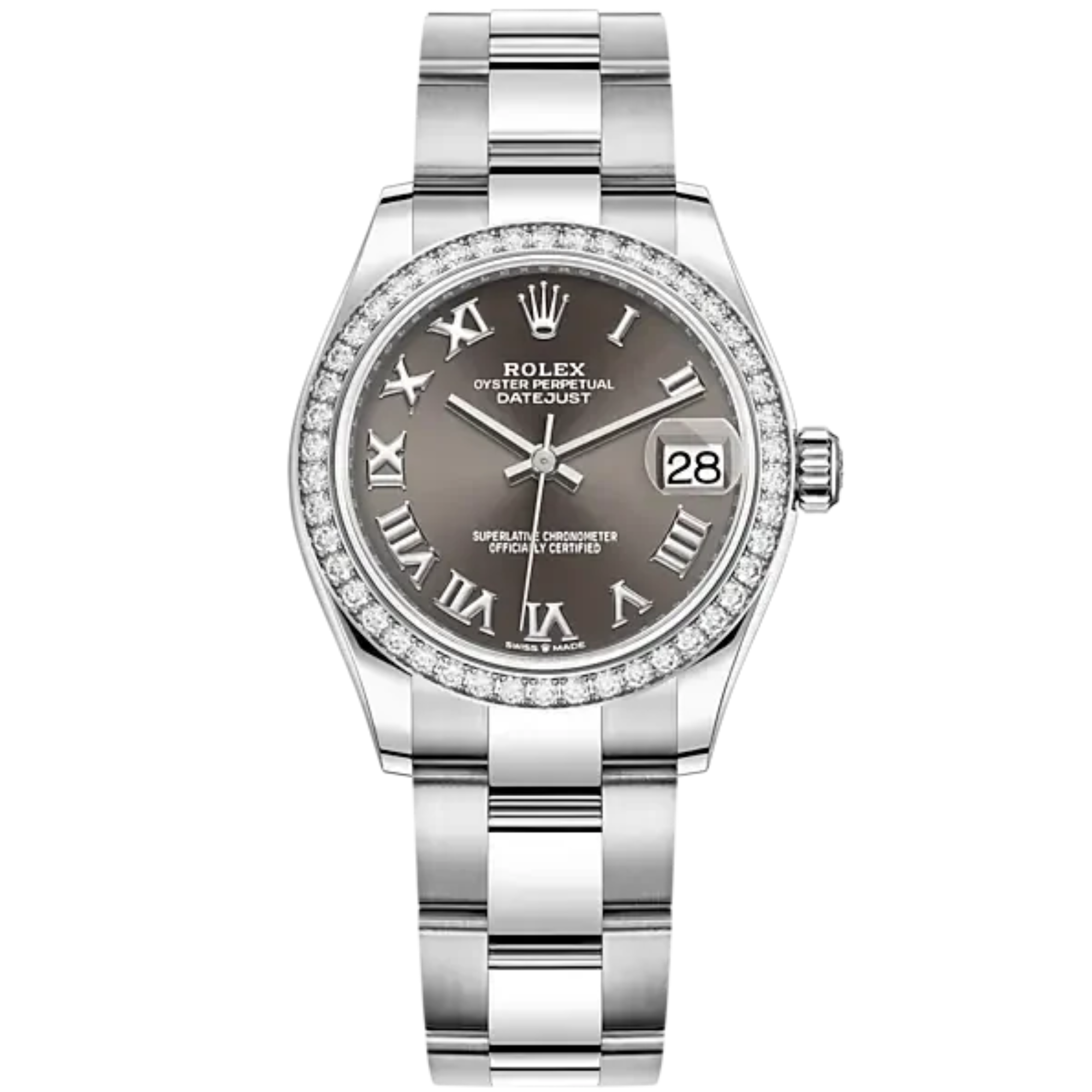Datejust 31 31mm Oyster Bracelet Oystersteel and White Gold with Dark Grey Dial Daimond-Set Bezel - Rolex