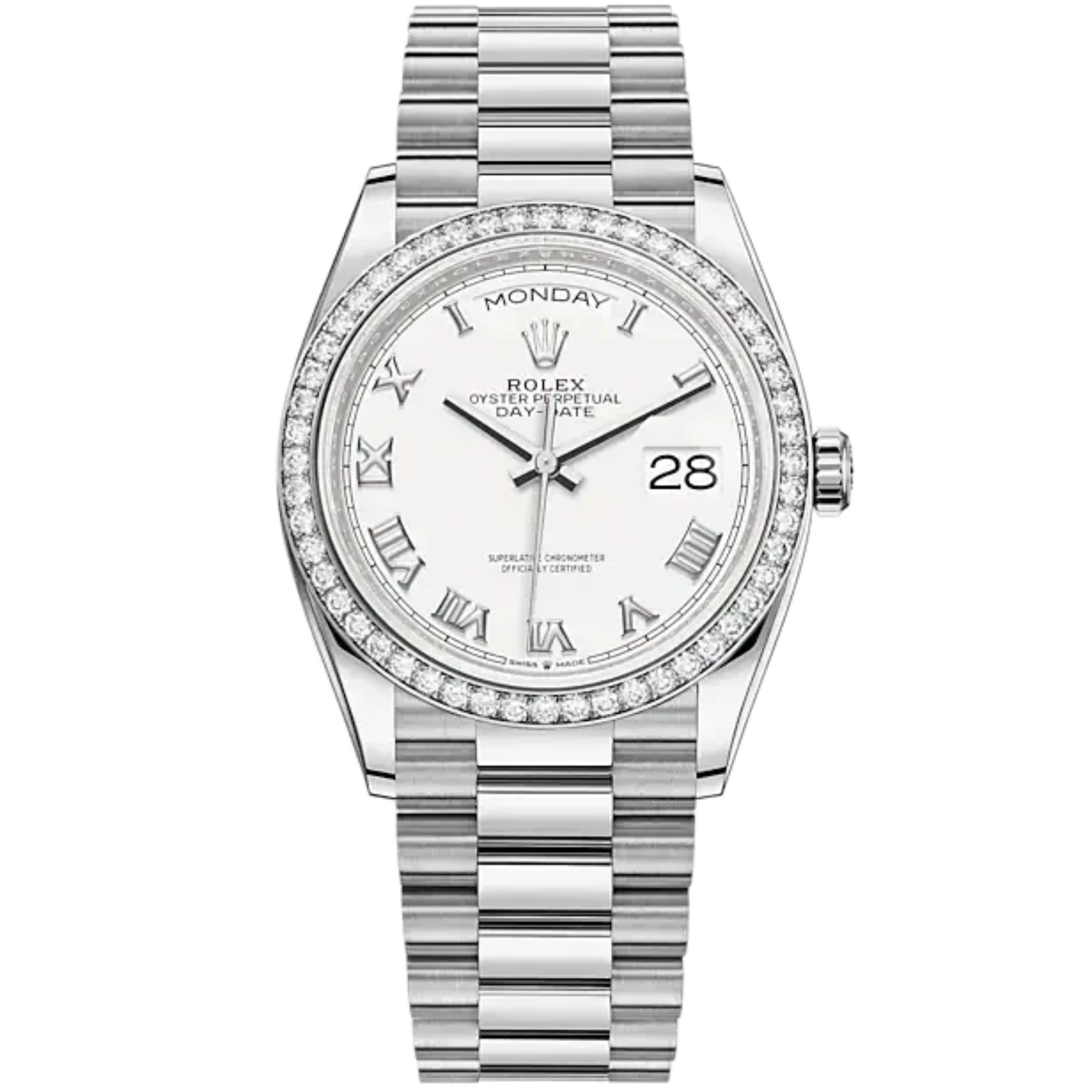 Day-Date 36 36mm President Bracelet and Platinum with White Dial and Diamond-Set Bezel - Rolex
