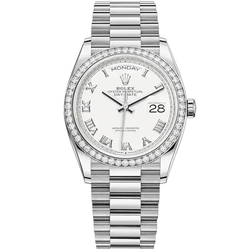 Day-Date 36 36mm President Bracelet and Platinum with White Dial and Diamond-Set Bezel - Rolex