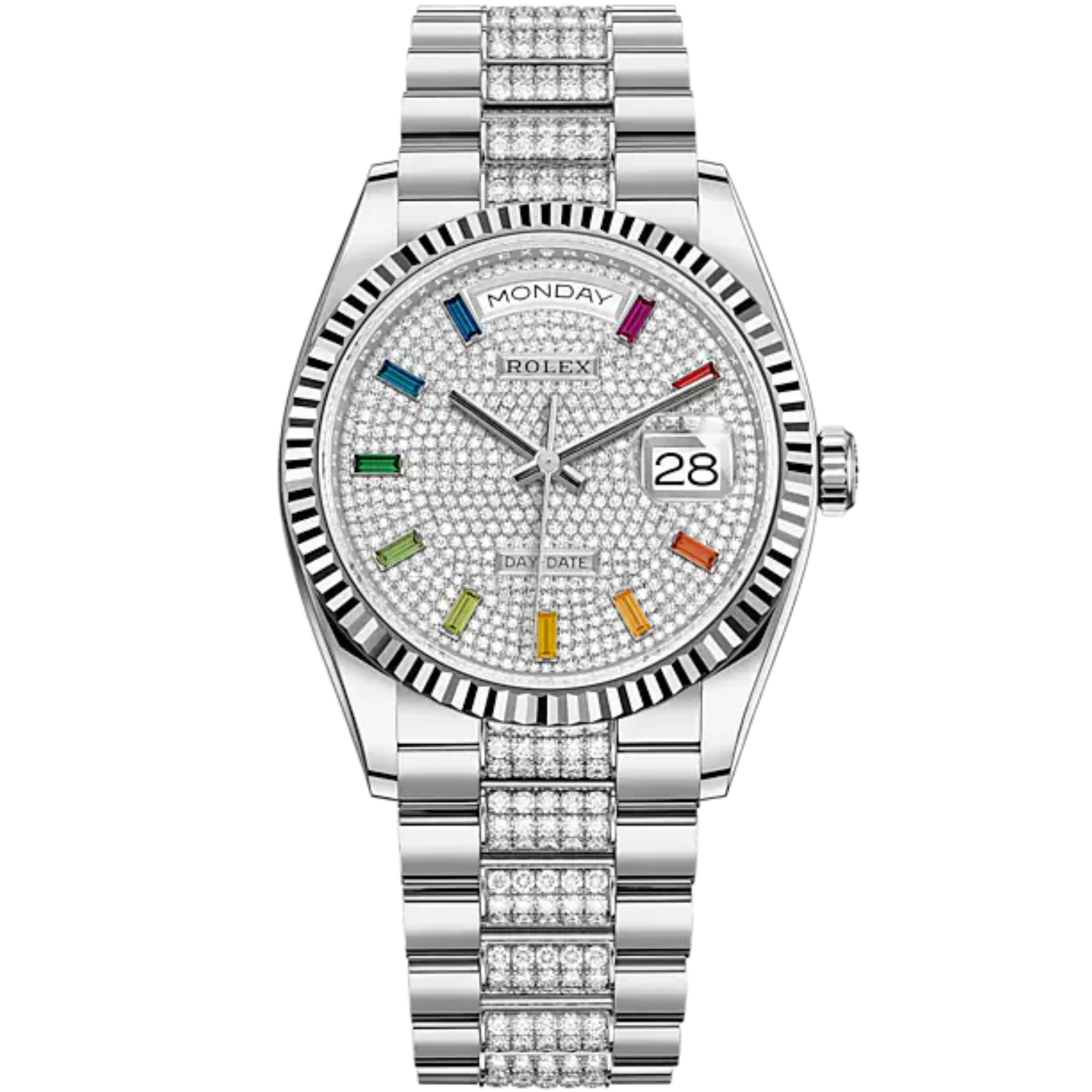 Day-Date 36 36mm President Bracelet and 18 KT White Gold with Diamond-Paved Dial Fluted Bezel - Rolex