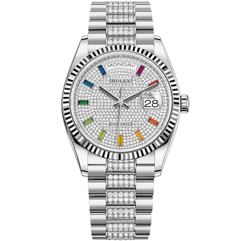 Day-Date 36 36mm President Bracelet and 18 KT White Gold with Diamond-Paved Dial Fluted Bezel - Rolex