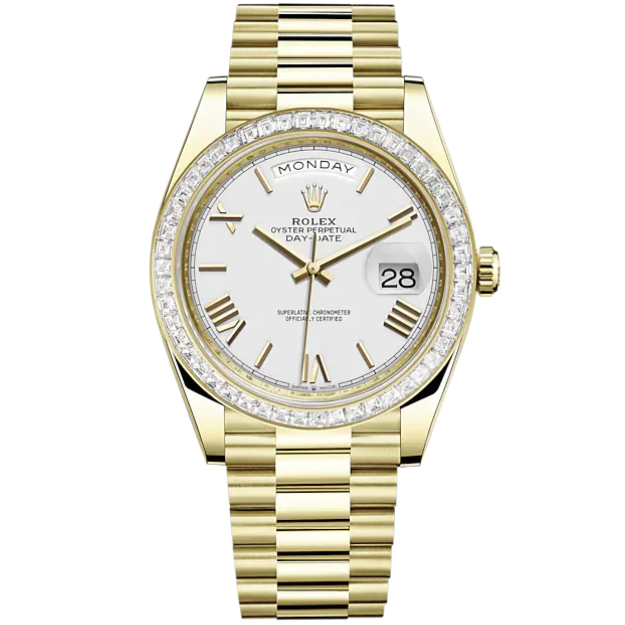 Day-Date 40 40mm President Bracelet and 18 KT Yellow Gold with White Roman Dial and Diamond-Set Bezel - Rolex