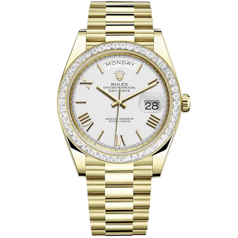 Day-Date 40 40mm President Bracelet and 18 KT Yellow Gold with White Roman Dial and Diamond-Set Bezel - Rolex