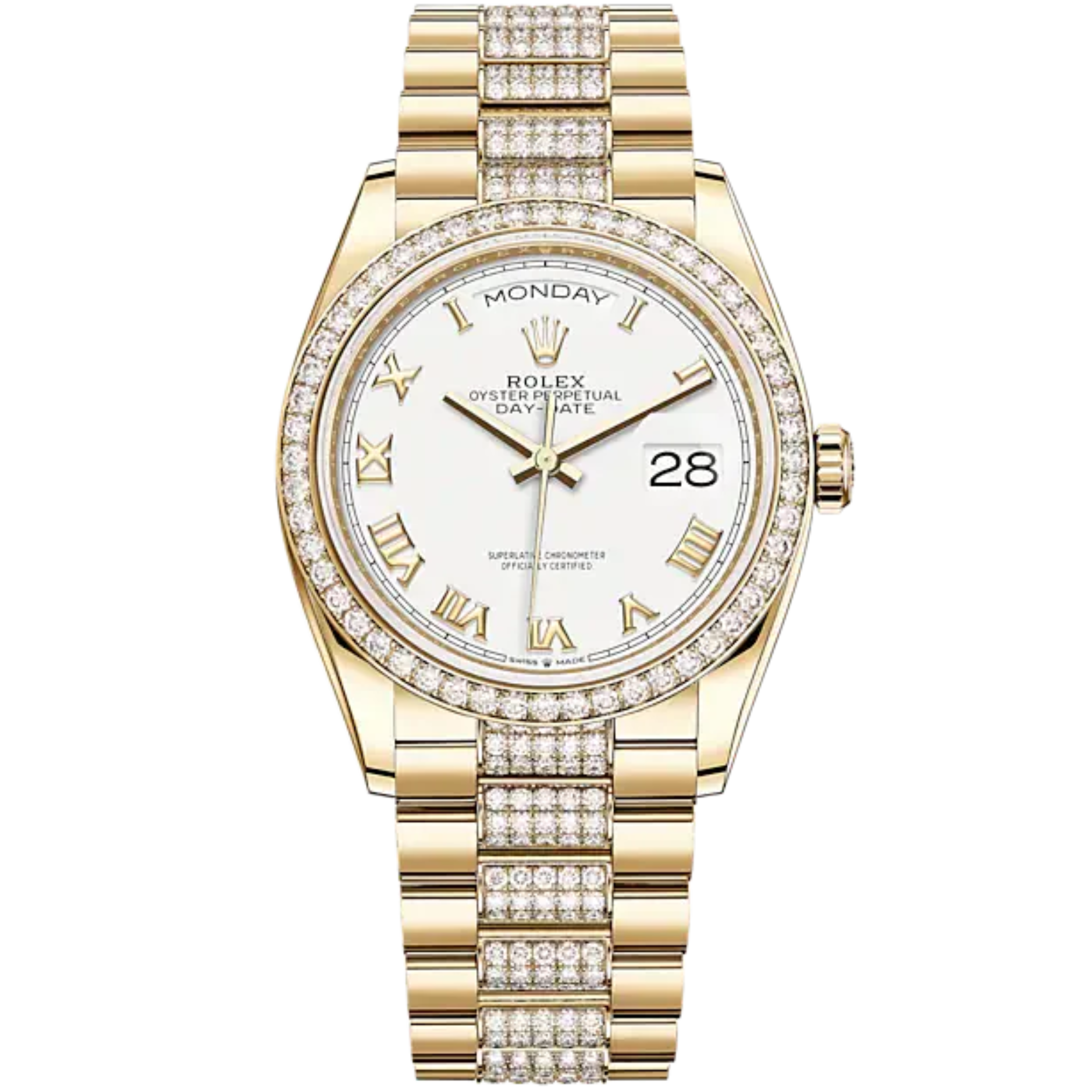 Day-Date 36 36mm President Bracelet and 18 KT Yellow Gold with White Dial Diamond-Set Bezel - Rolex