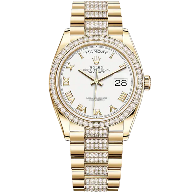Day-Date 36 36mm President Bracelet and 18 KT Yellow Gold with White Dial Diamond-Set Bezel - Rolex