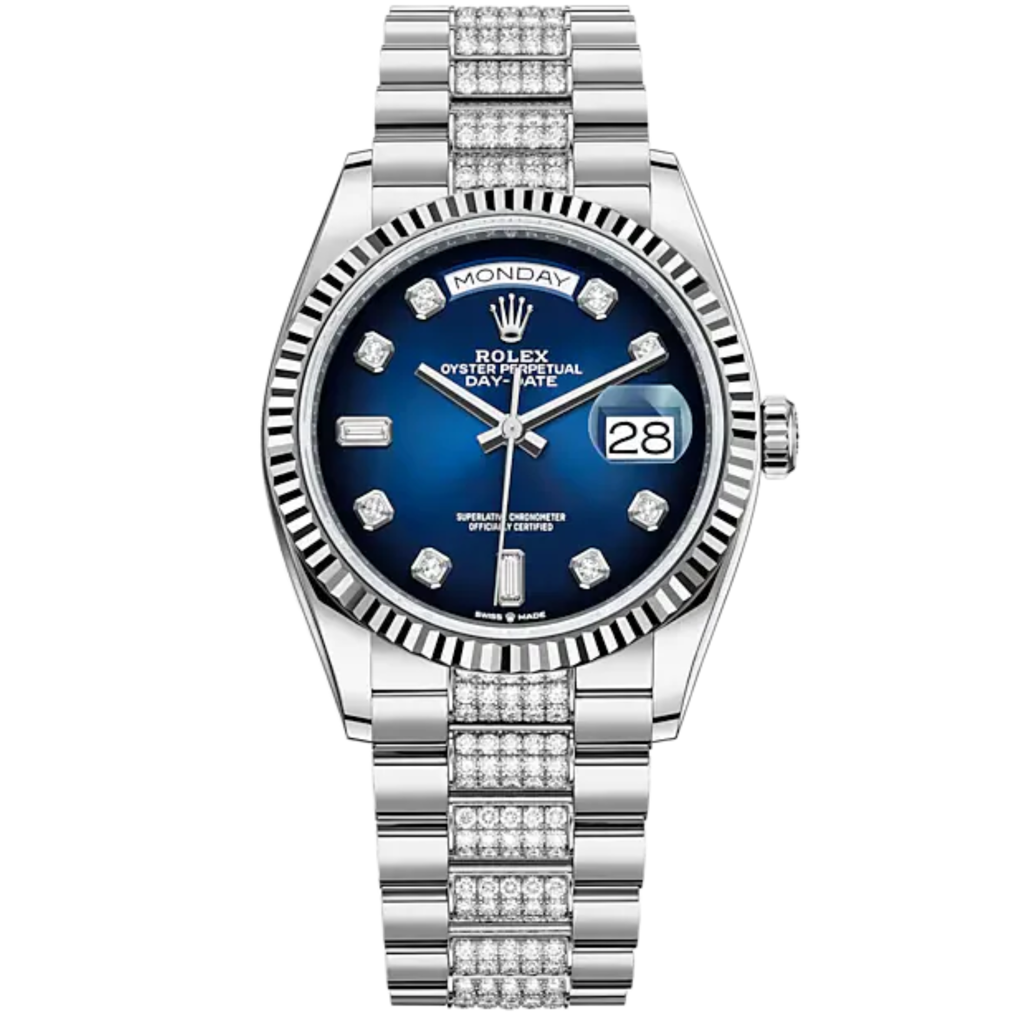 Day-Date 36 36mm President Bracelet and 18 KT White Gold with Blue Ombré Dial Diamond-Set Dial Fluted Bezel - Rolex