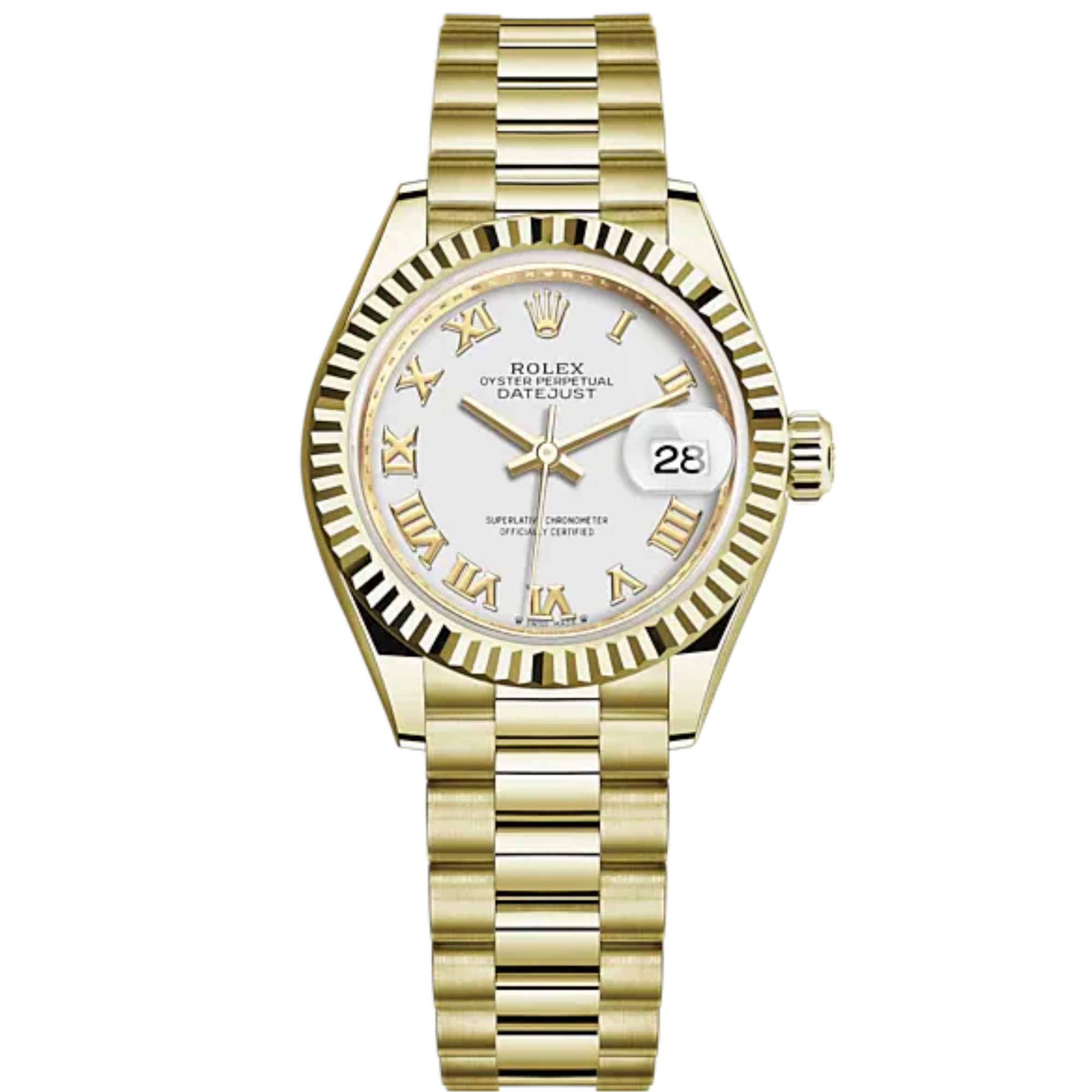 Lady-DateJust 28mm President Bracelet and 18 KT Yellow Gold with White Dial Fluted Bezel - Rolex
