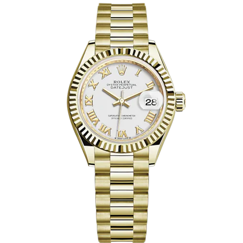 Lady-DateJust 28mm President Bracelet and 18 KT Yellow Gold with White Dial Fluted Bezel - Rolex