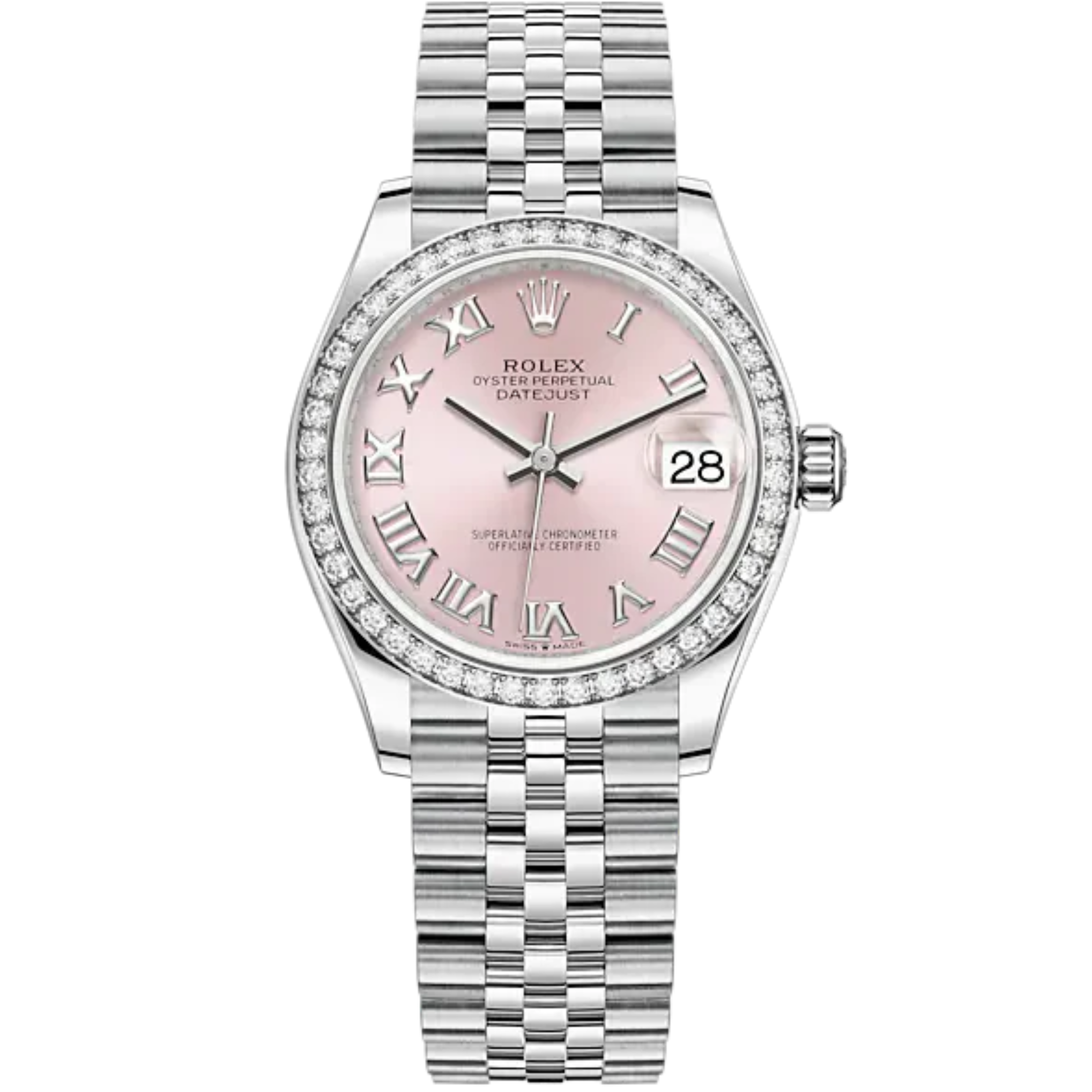 Datejust 31 31mm Jubilee Bracelet Oystersteel and White Gold with Pink Roman Dial Diamond-Set Bezel - Rolex