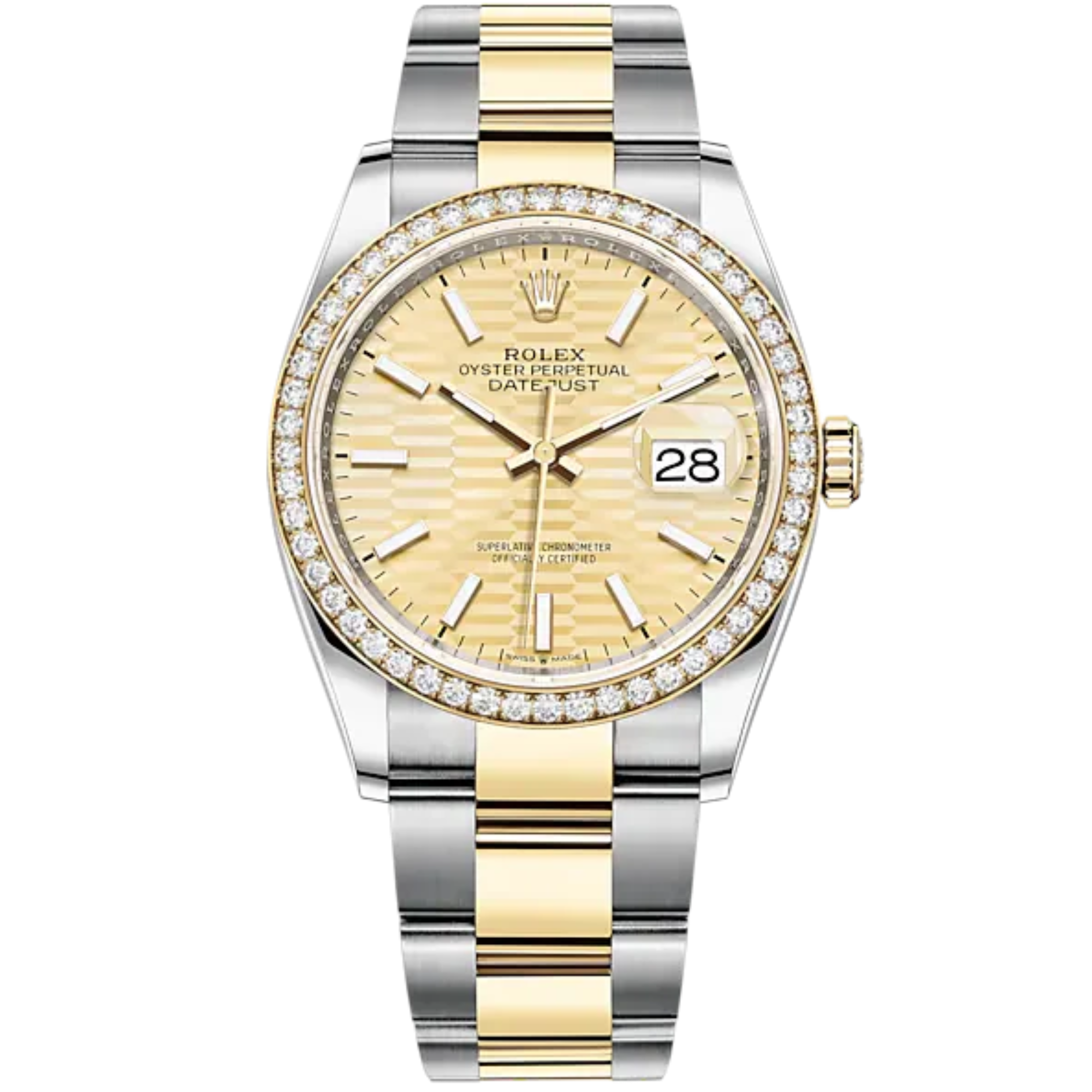 Datejust 36 36mm Oyster Bracelet Oystersteel and Yellow Gold with Golden Dial Fluted-Motif Dial Diamond-Set Bezel - Rolex