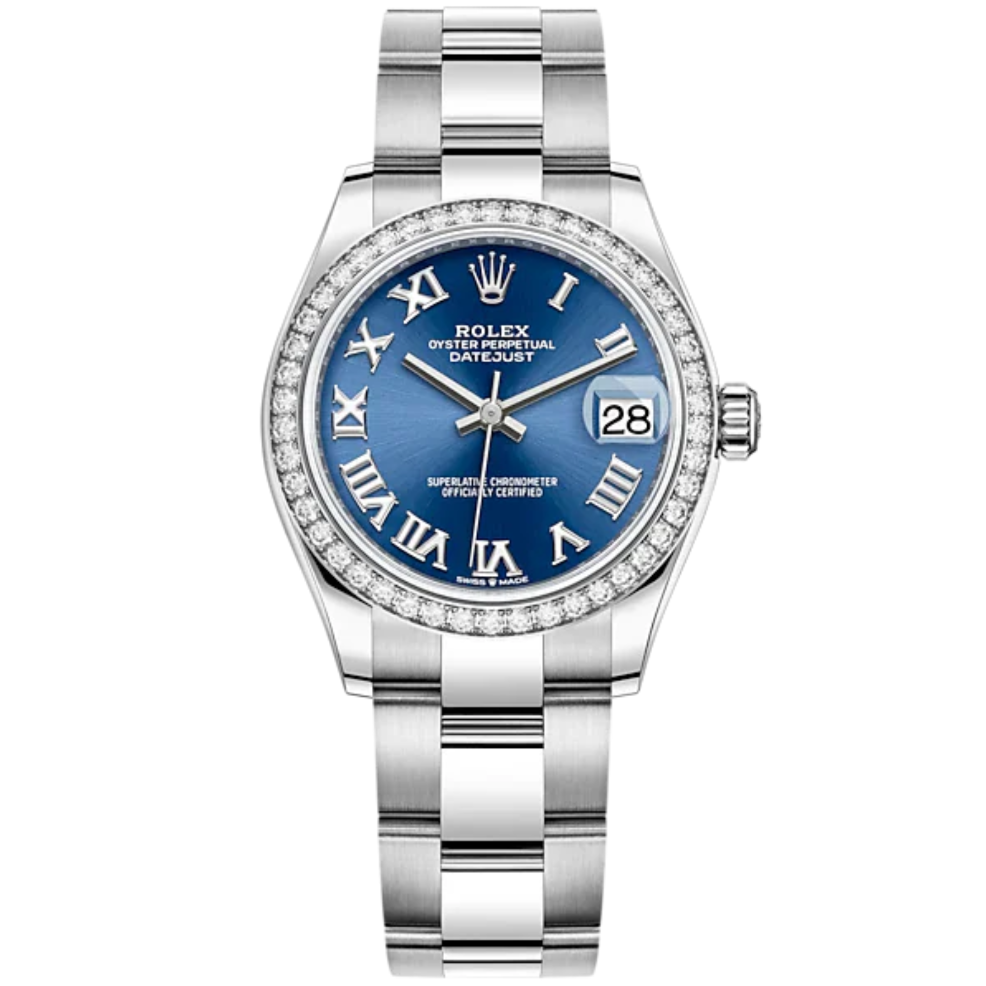 Datejust 31 31mm Oyster Bracelet Oystersteel and White Gold with Bright Blue Dial Diamond-Set Bezel - Rolex