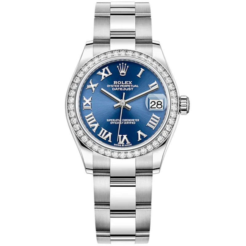 Datejust 31 31mm Oyster Bracelet Oystersteel and White Gold with Bright Blue Dial Diamond-Set Bezel - Rolex
