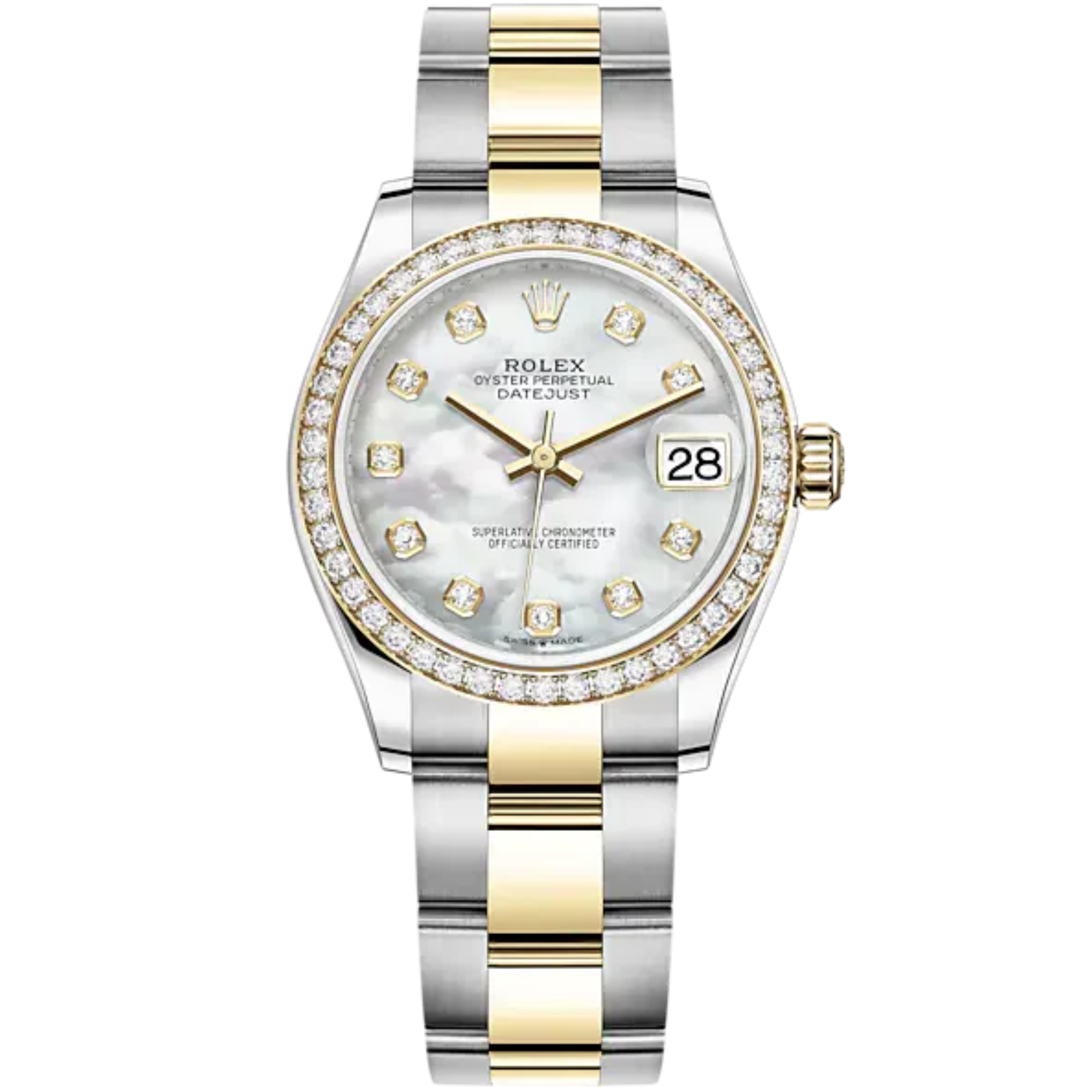 Datejust 31 31mm Oyster Bracelet Oystersteel and Yellow Gold with White Mother-Of-Pearl Diamond-Set Diamond-Set Bezel - Rolex
