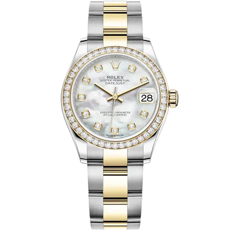 Datejust 31 31mm Oyster Bracelet Oystersteel and Yellow Gold with White Mother-Of-Pearl Diamond-Set Diamond-Set Bezel - Rolex