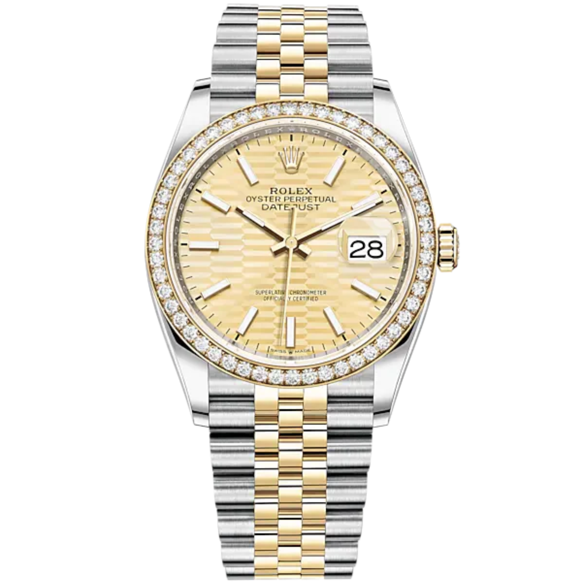 Datejust 36 36mm Oystersteel Jubilee Bracelet and Yellow Gold with Golden Fluted-Motif Dial Diamond-Set Bezel - Rolex