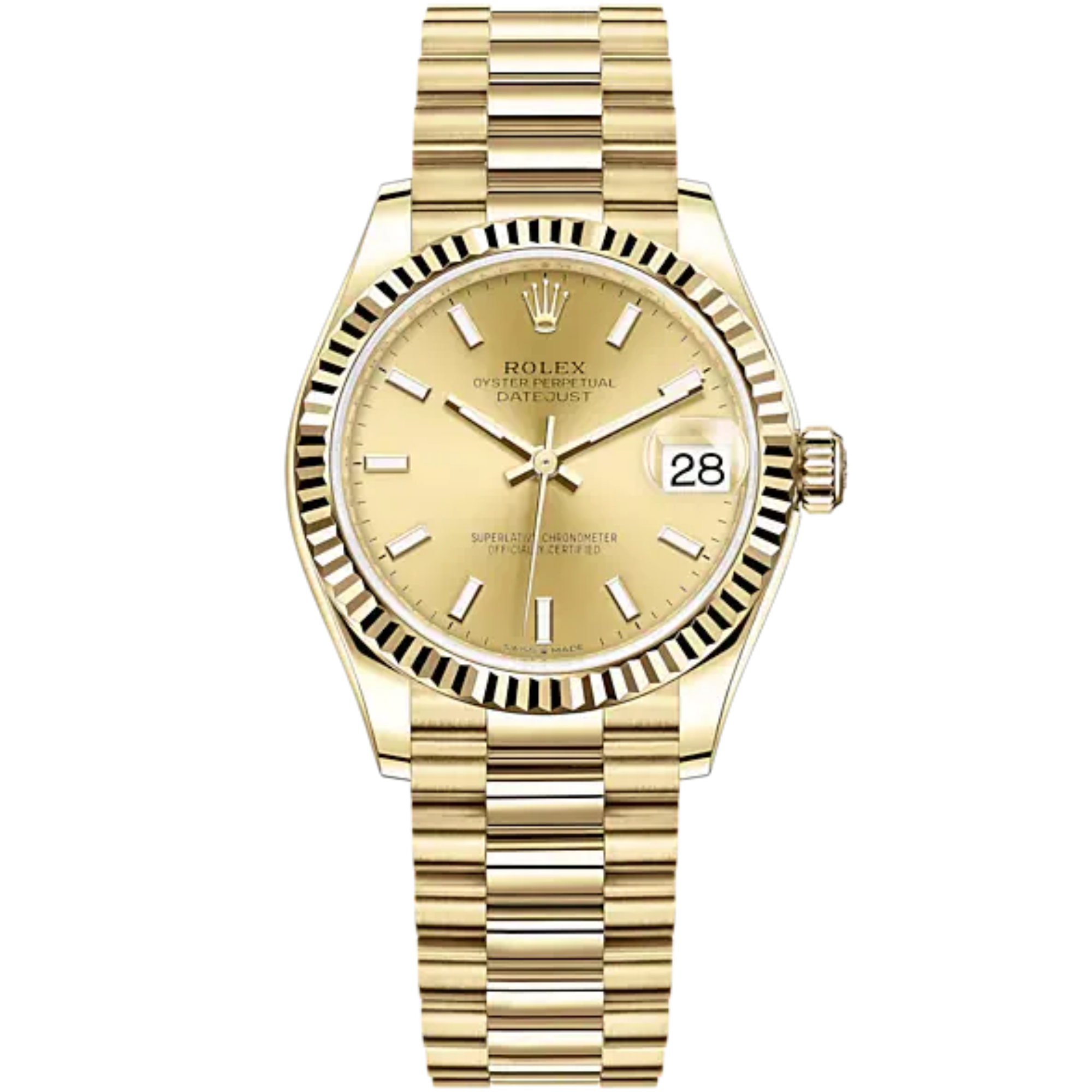 Datejust 31 31mm President Bracelet and 18 CT Yellow Gold with Champagne-Colour Dial Fluted Bezel - Rolex