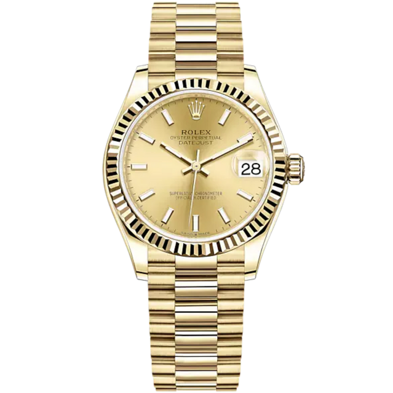 Datejust 31 31mm President Bracelet and 18 CT Yellow Gold with Champagne-Colour Dial Fluted Bezel - Rolex