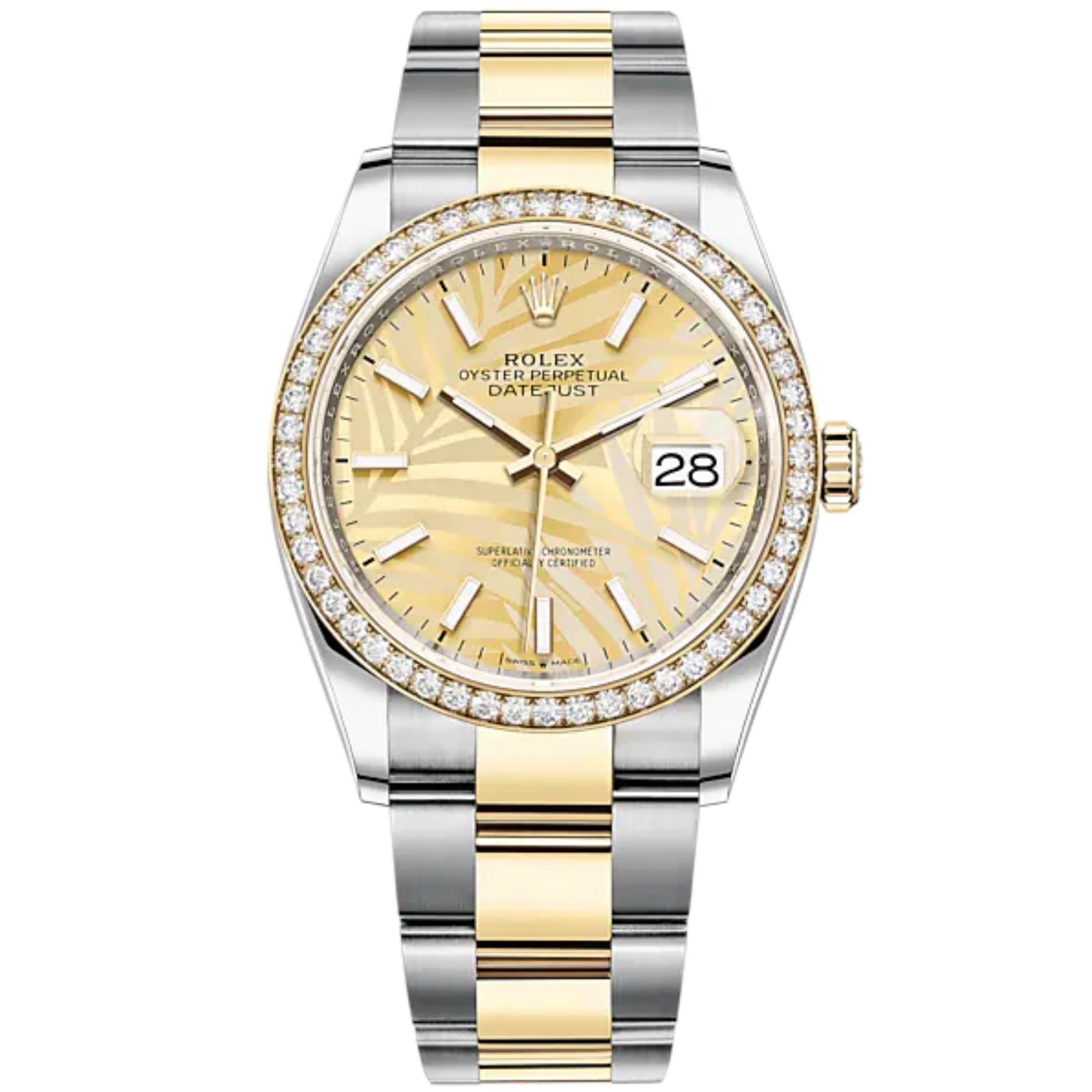 Datejust 36 36mm Oyster Bracelet Oystersteel and Yellow Gold with Golden Palm-Motif Dial Diamond-Set Bezel - Rolex