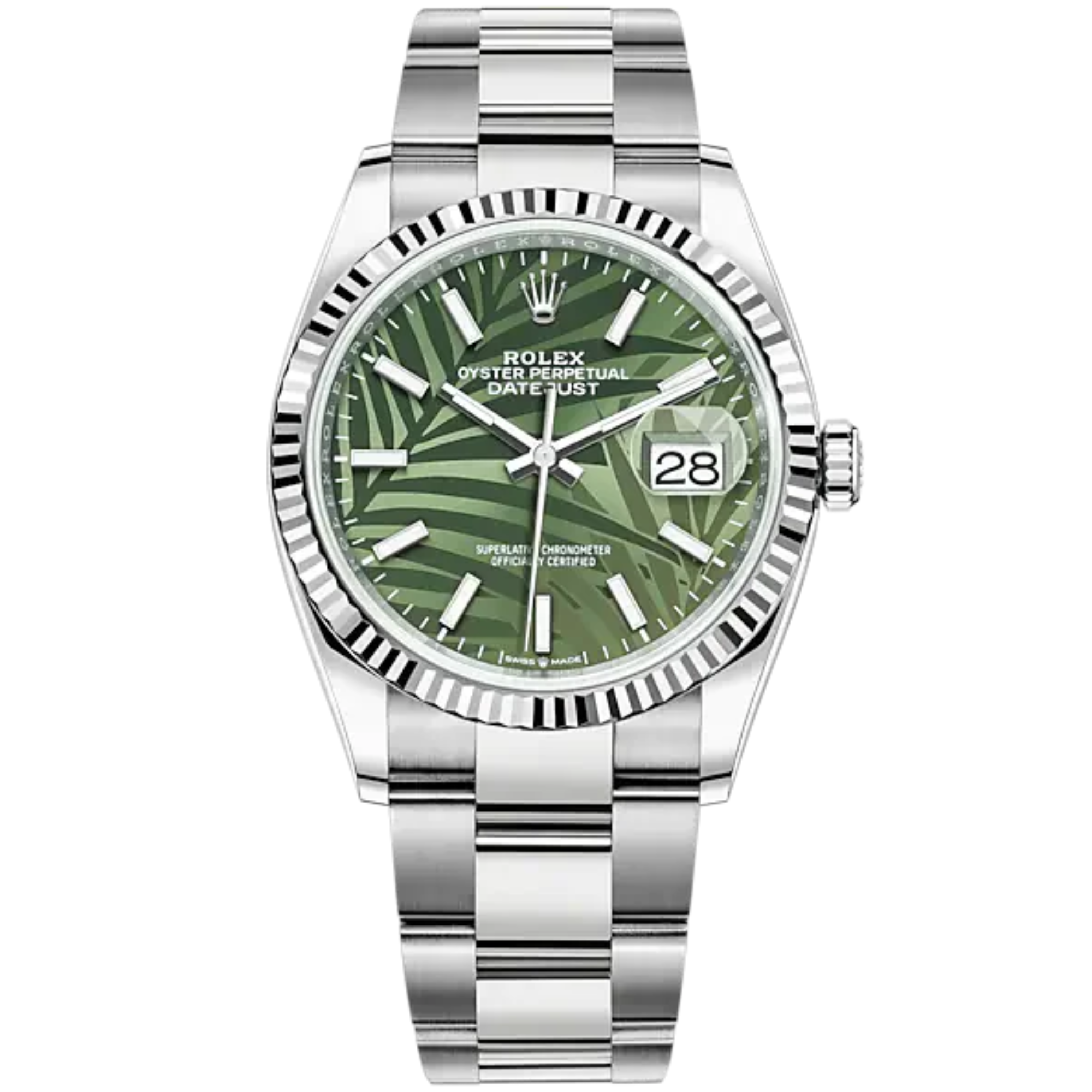 Rolex Datejust Ref. 126234 36mm Oyster Bracelet and White Gold with Olive-Green Palm-Motif Stick Dial Fluted Bezel - Rolex