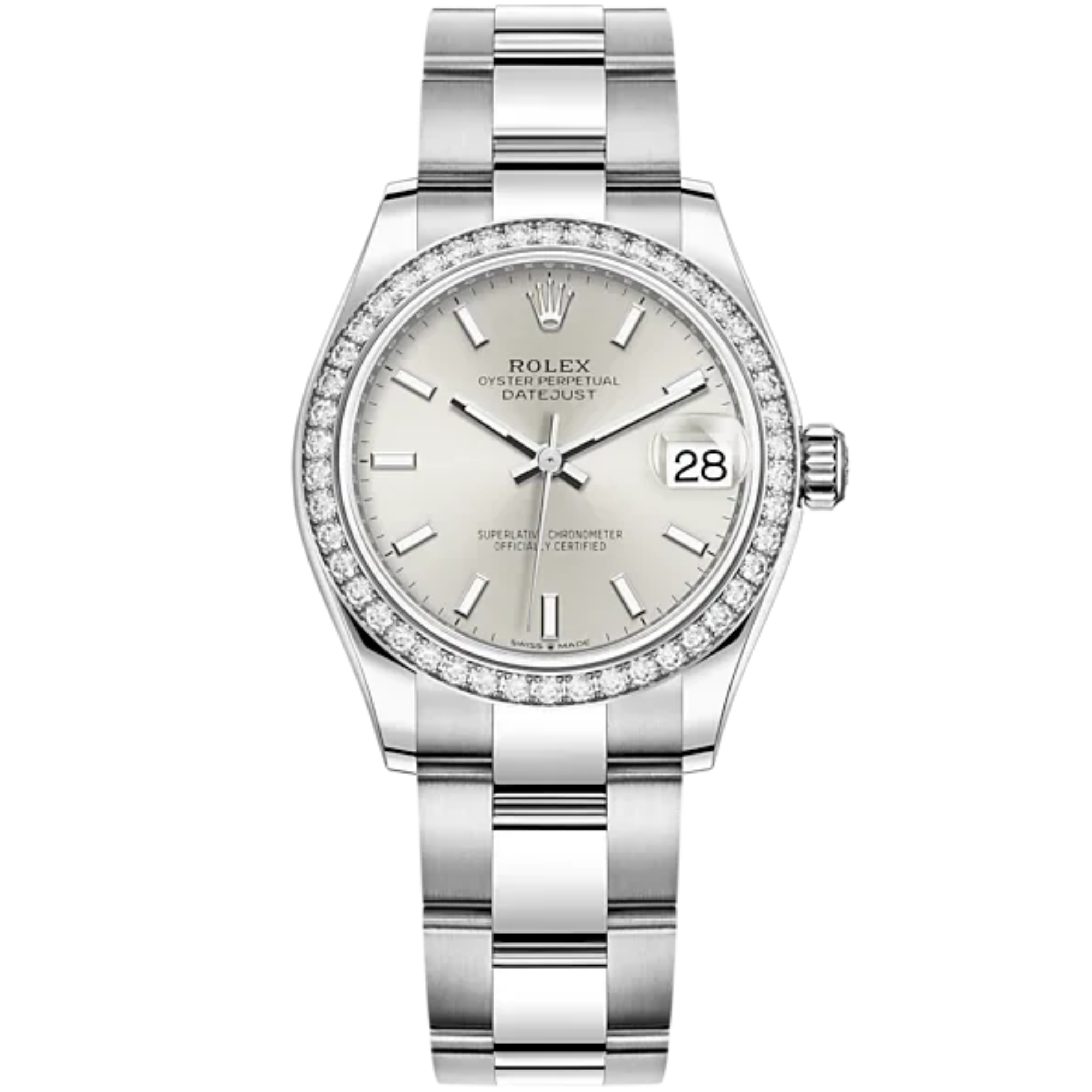 Datejust 31 31mm Oyster Bracelet Oystersteel and White Gold with Silver Dial Diamond-Set Bezel - Rolex
