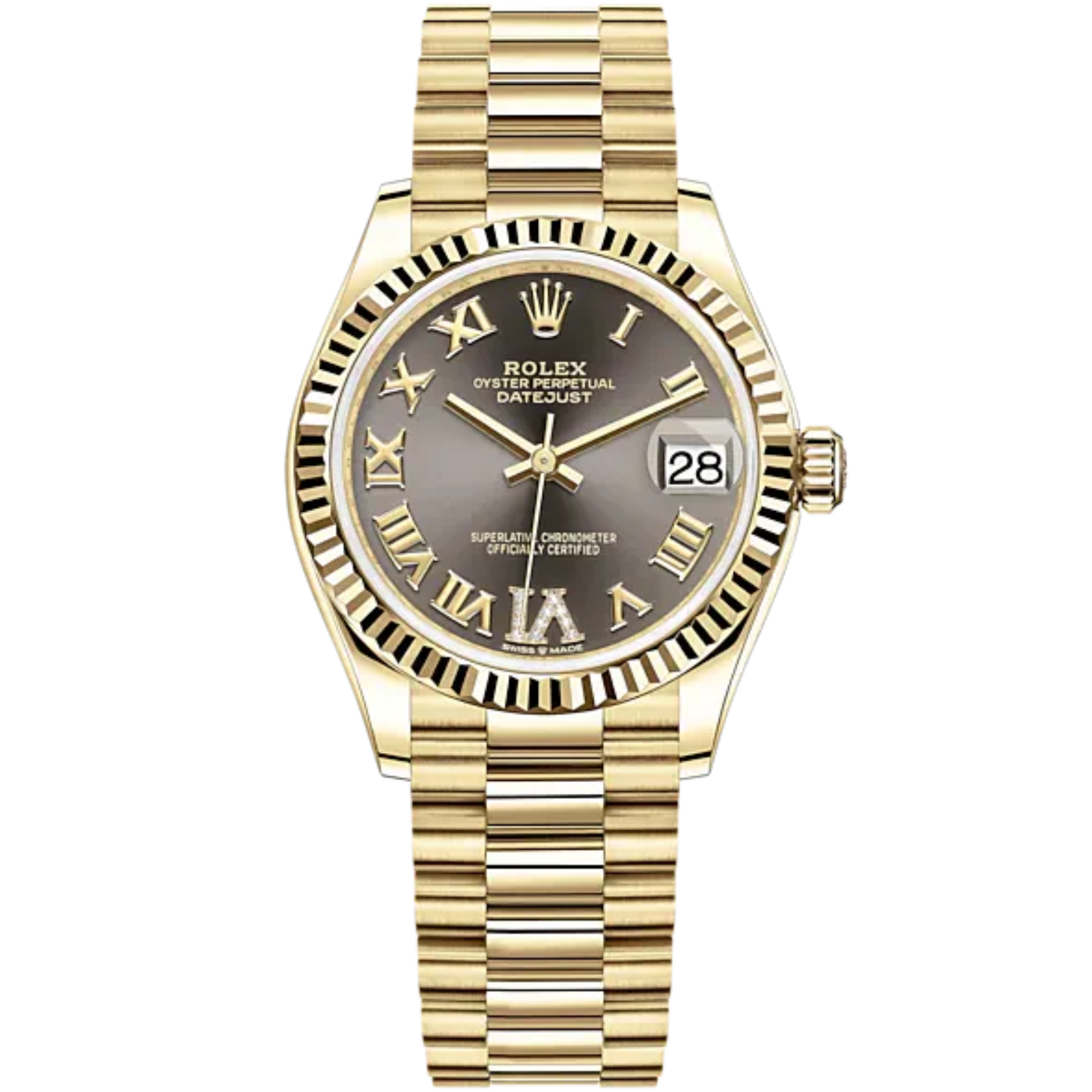 Datejust 31 31mm President Bracelet and 18 CT Yellow Gold with Dark Grey Diamond Dial Fluted Bezel - Rolex