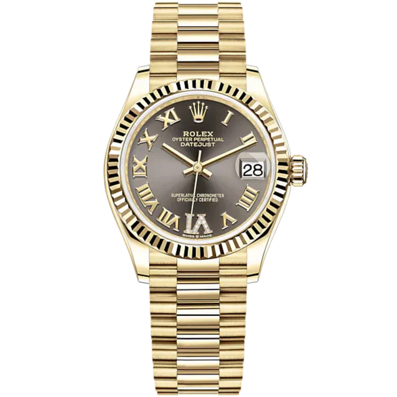 Datejust 31 31mm President Bracelet and 18 CT Yellow Gold with Dark Grey Diamond Dial Fluted Bezel - Rolex