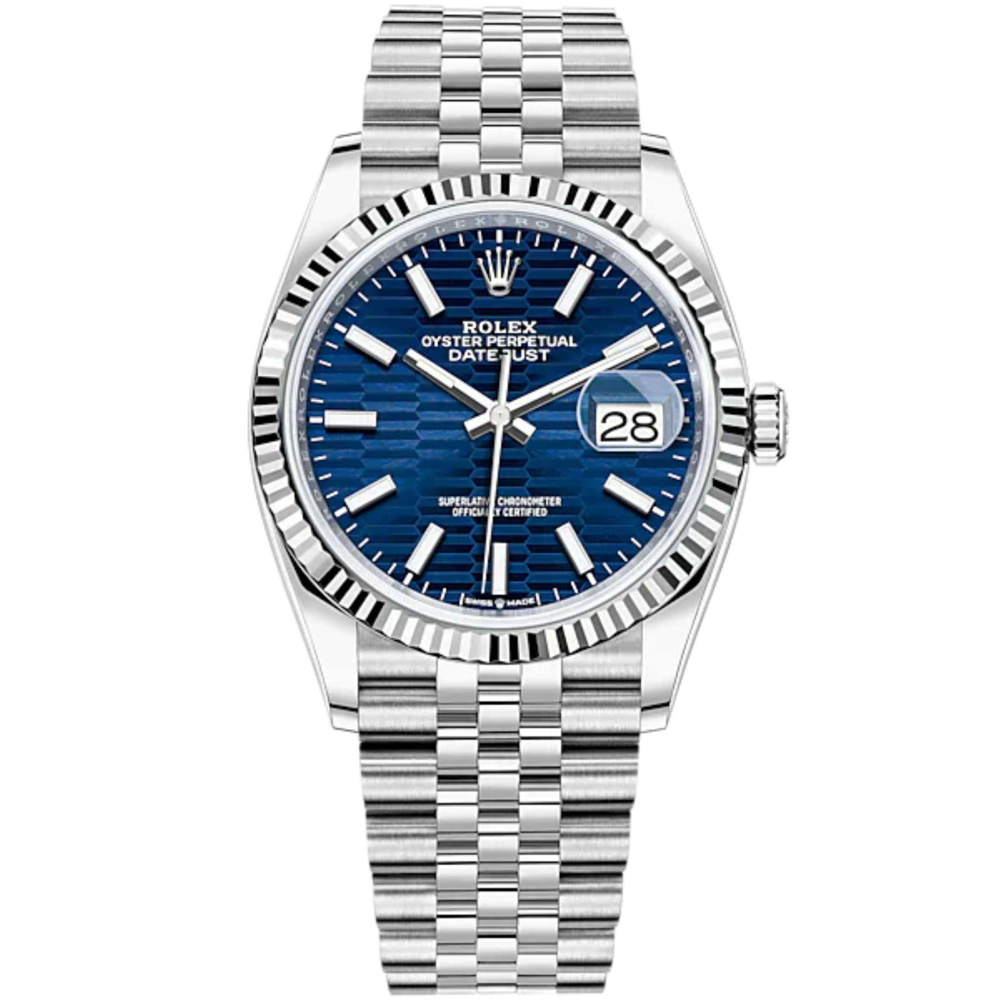 Rolex Datejust 36mm Oystersteel and White Gold on Jubilee Blue Fluted-Motif Stick Dial Fluted Bezel - Rolex