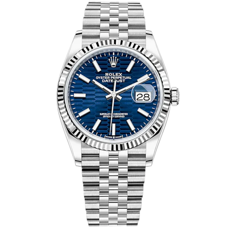 Rolex Datejust 36mm Oystersteel and White Gold on Jubilee Blue Fluted-Motif Stick Dial Fluted Bezel - Rolex