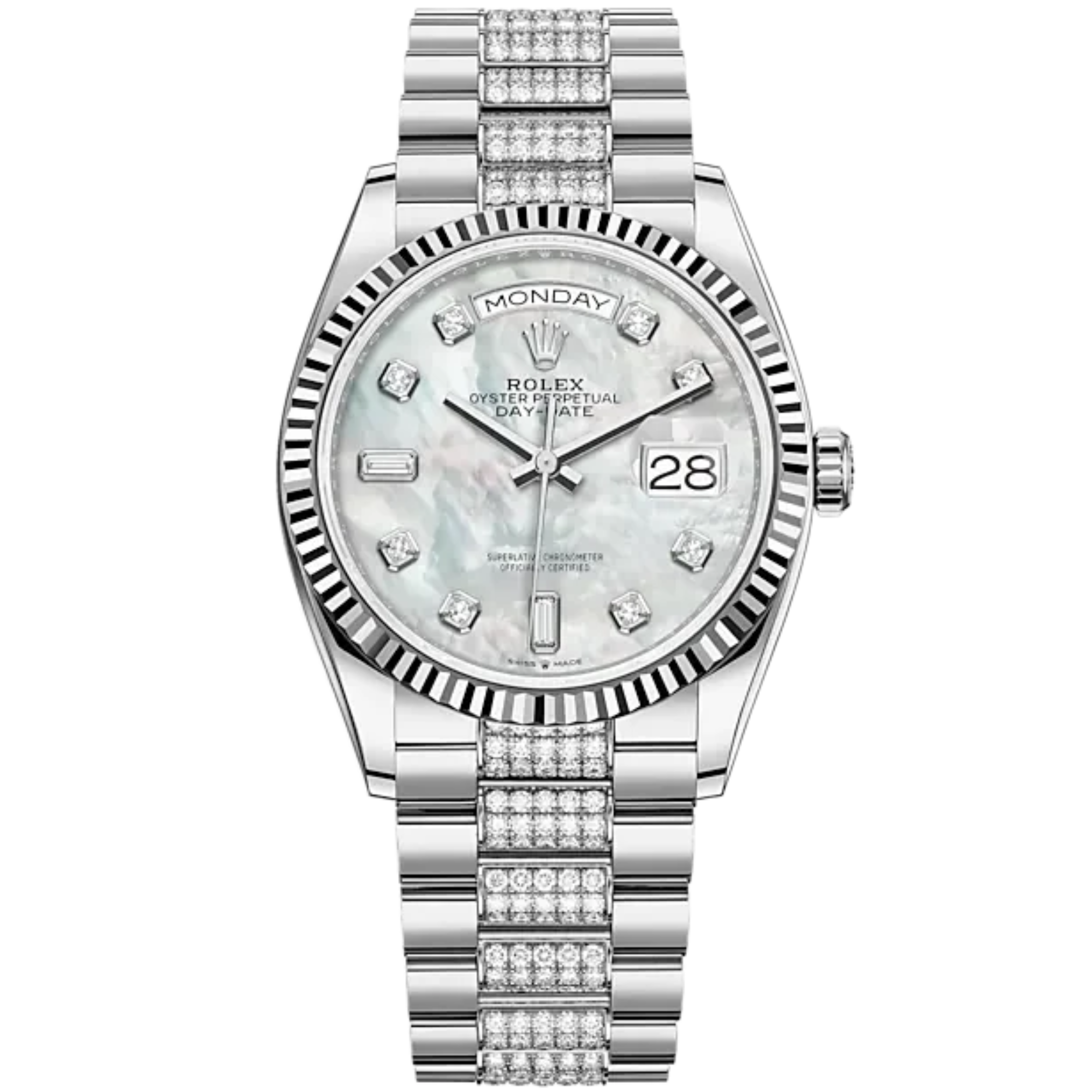 Day-Date 36 36mm President Bracelet and 18 KT White Gold with White Mother-of-Pearl Dial Diamond-Set Dial Fluted Bezel - Rolex