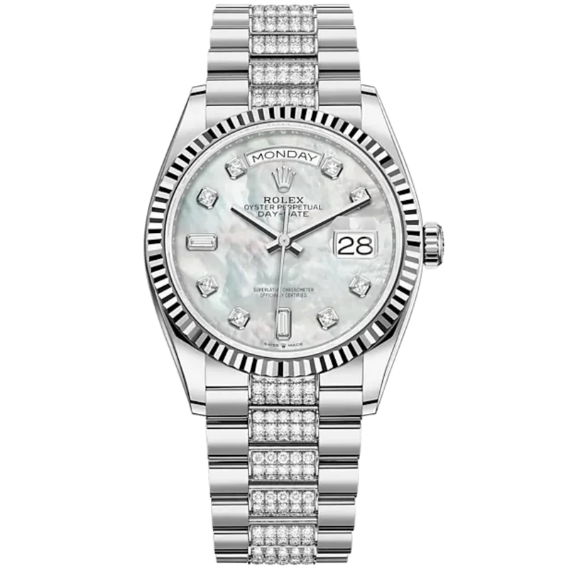 Day-Date 36 36mm President Bracelet and 18 KT White Gold with White Mother-of-Pearl Dial Diamond-Set Dial Fluted Bezel - Rolex