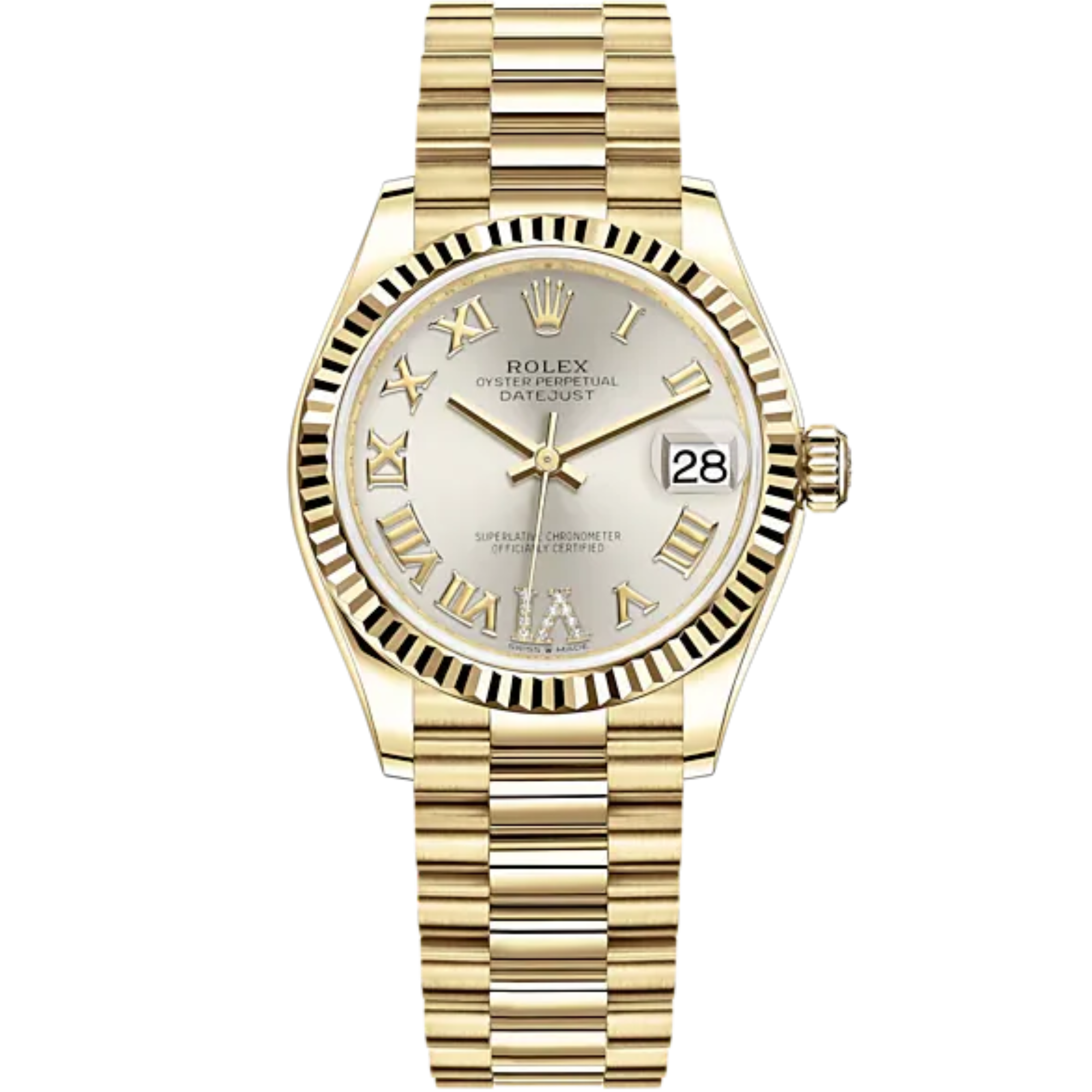 Datejust 31 31mm President Bracelet and 18 CT Yellow Gold with Silver Diamond-Set Dial Fluted Bezel - Rolex
