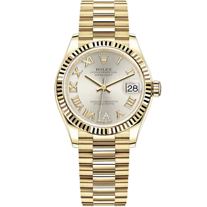 Datejust 31 31mm President Bracelet and 18 CT Yellow Gold with Silver Diamond-Set Dial Fluted Bezel - Rolex
