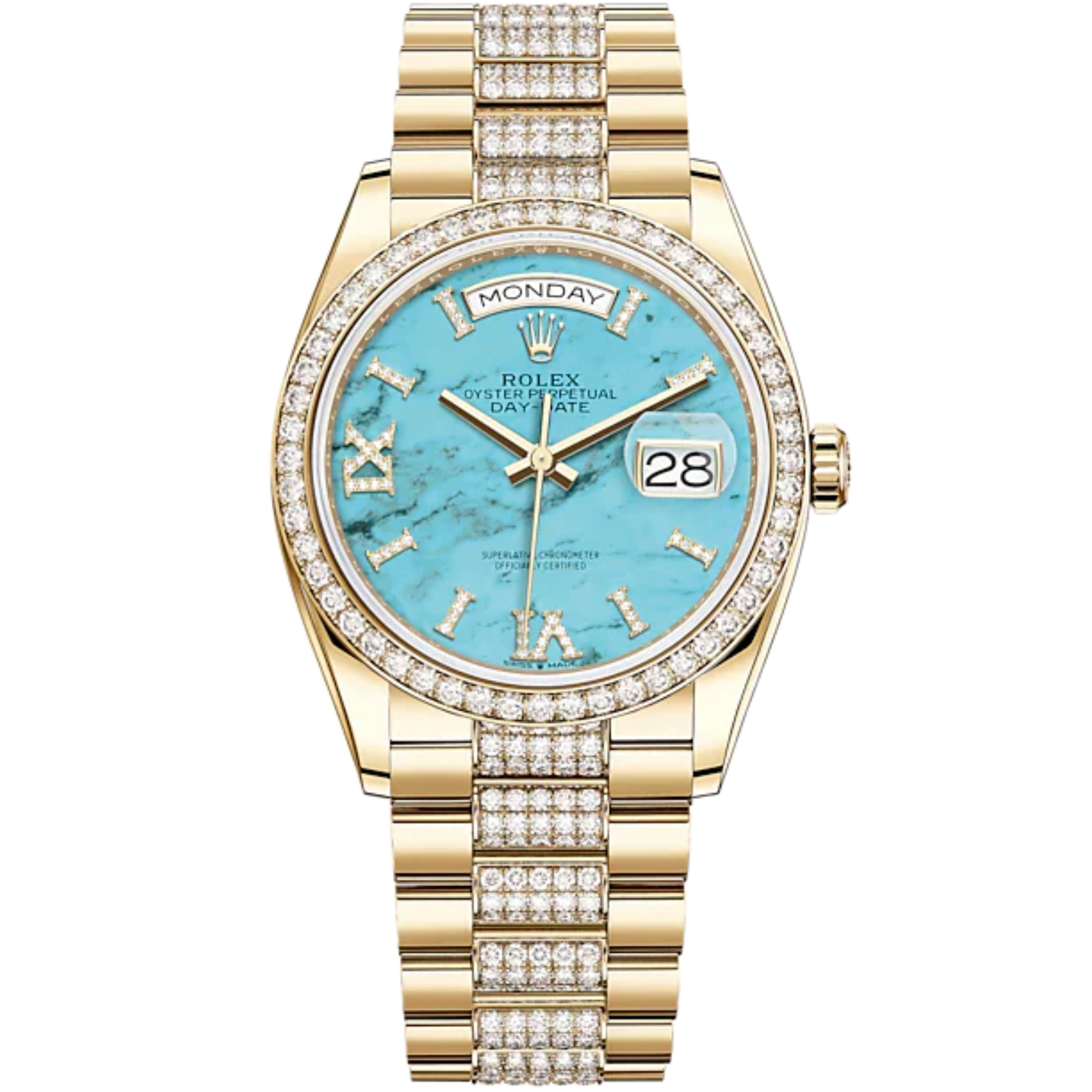 Day-Date 36 36mm President Bracelet and 18 KT Yellow Gold with Turquoise Dial Diamond-Set Bezel - Rolex