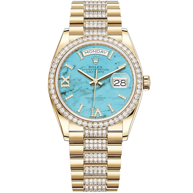 Day-Date 36 36mm President Bracelet and 18 KT Yellow Gold with Turquoise Dial Diamond-Set Bezel - Rolex