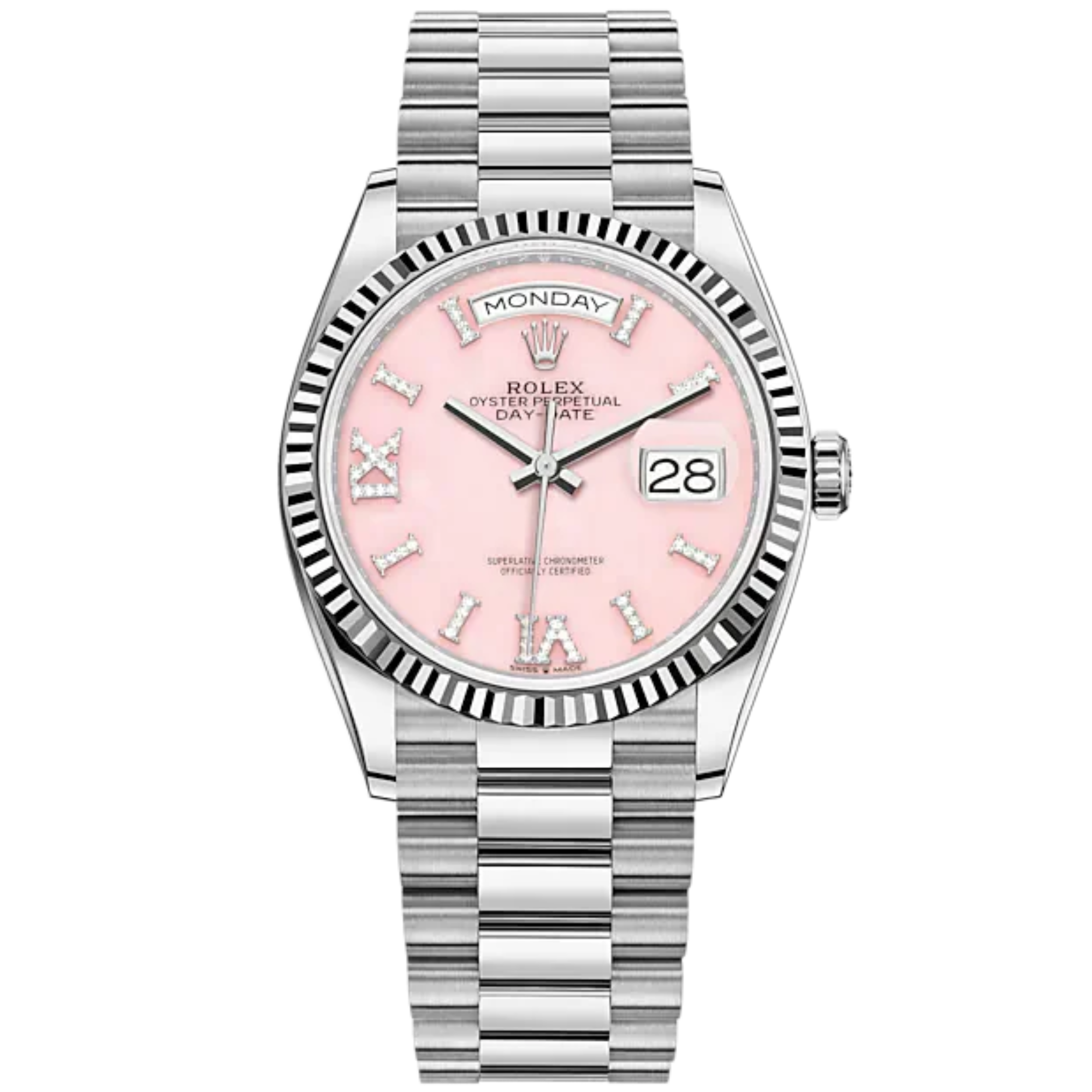 Day-Date 36 36mm President Bracelet and 18 KT White Gold with Pink Opal Diamond-Set Dial and Fluted Bezel - Rolex