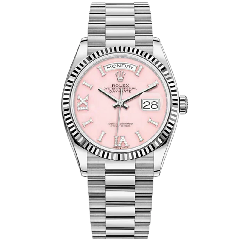 Day-Date 36 36mm President Bracelet and 18 KT White Gold with Pink Opal Diamond-Set Dial and Fluted Bezel - Rolex