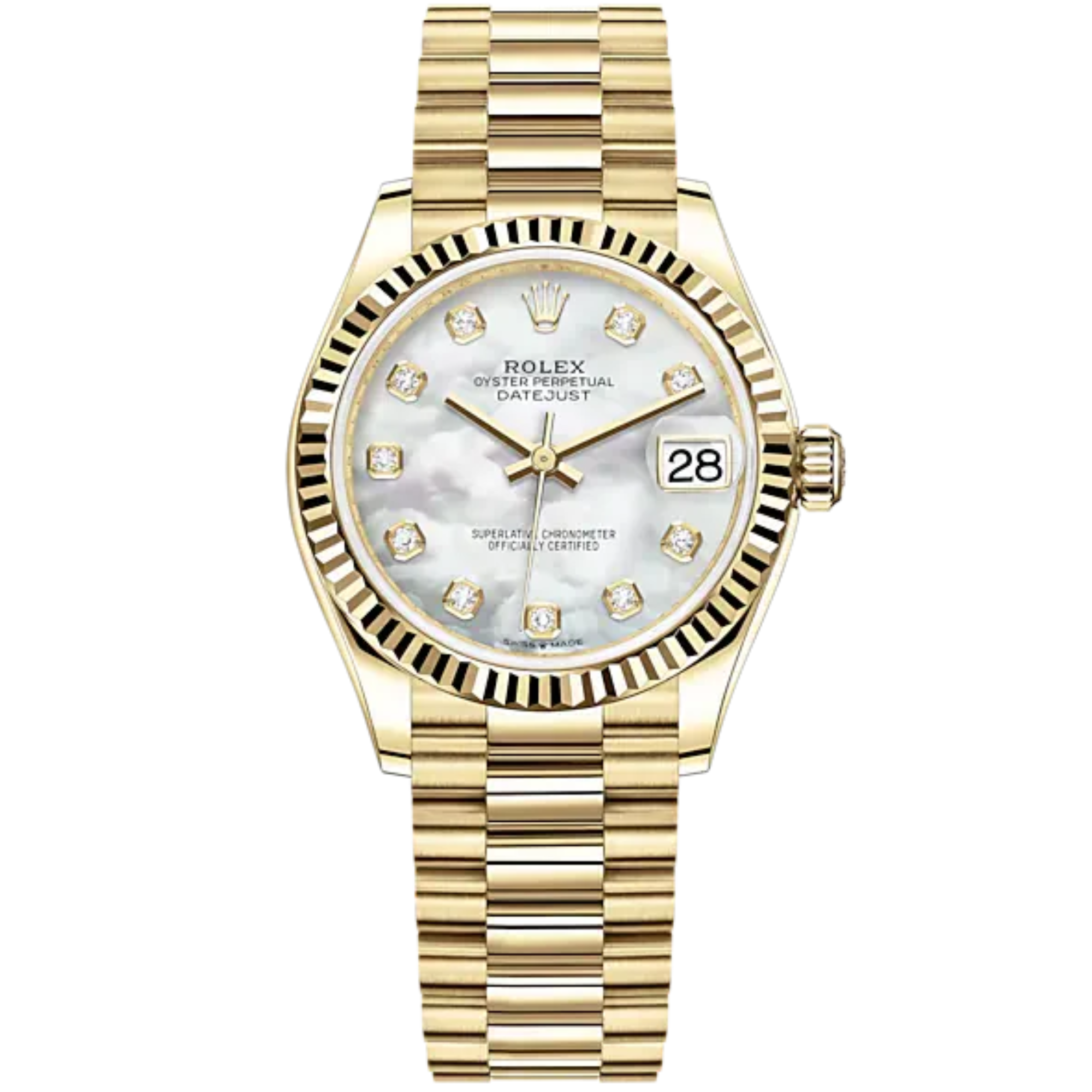 Datejust 31 31mm President Bracelet and 18 CT Yellow Gold with White Mother-Of-Pearl Diamond Set Dial Fluted Bezel - Rolex