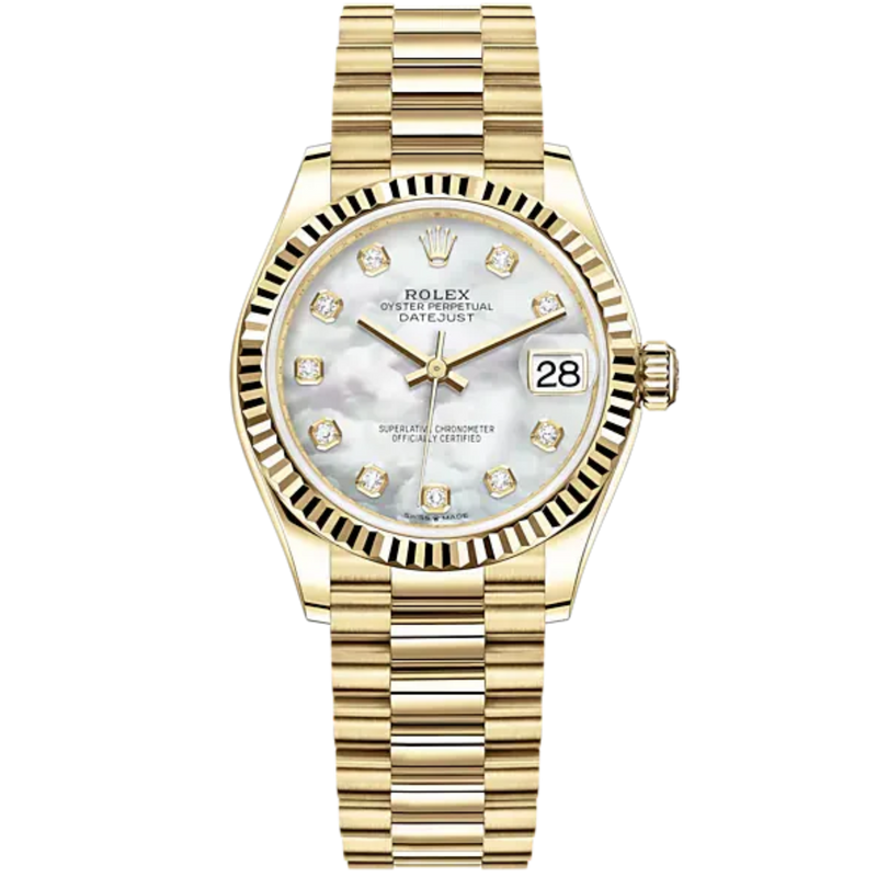 Datejust 31 31mm President Bracelet and 18 CT Yellow Gold with White Mother-Of-Pearl Diamond Set Dial Fluted Bezel - Rolex