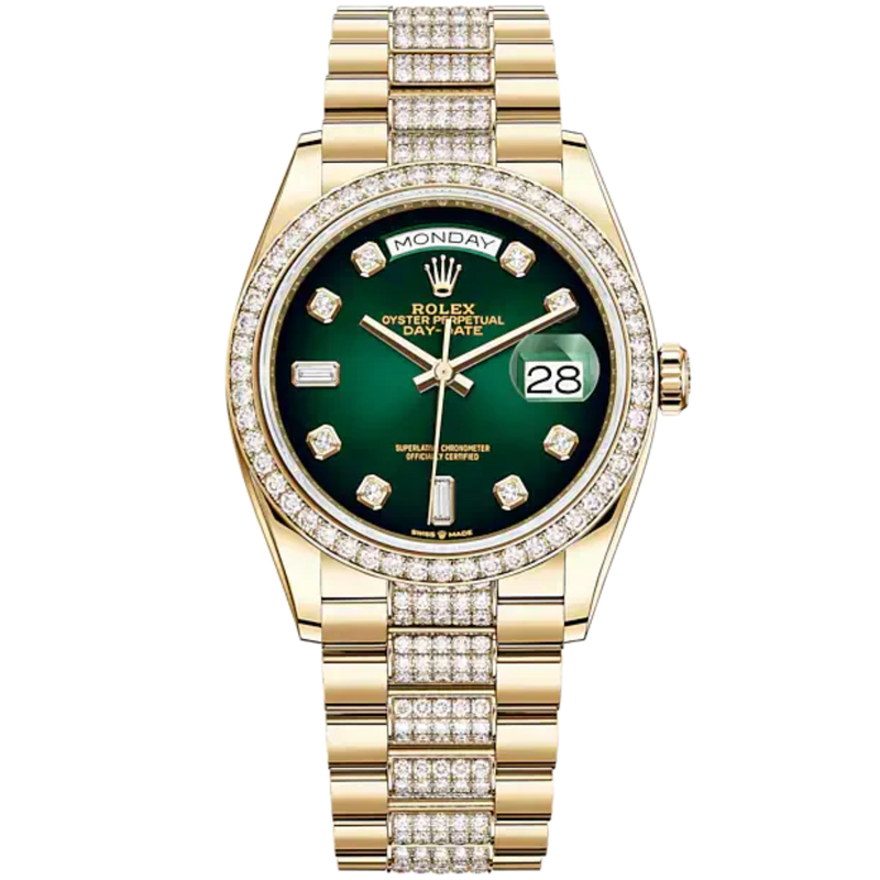 Day-Date 36 36mm President Bracelet and 18 KT Yellow Gold with Green Ombré Diamond-Set Dial Diamond-Set Bezel - Rolex
