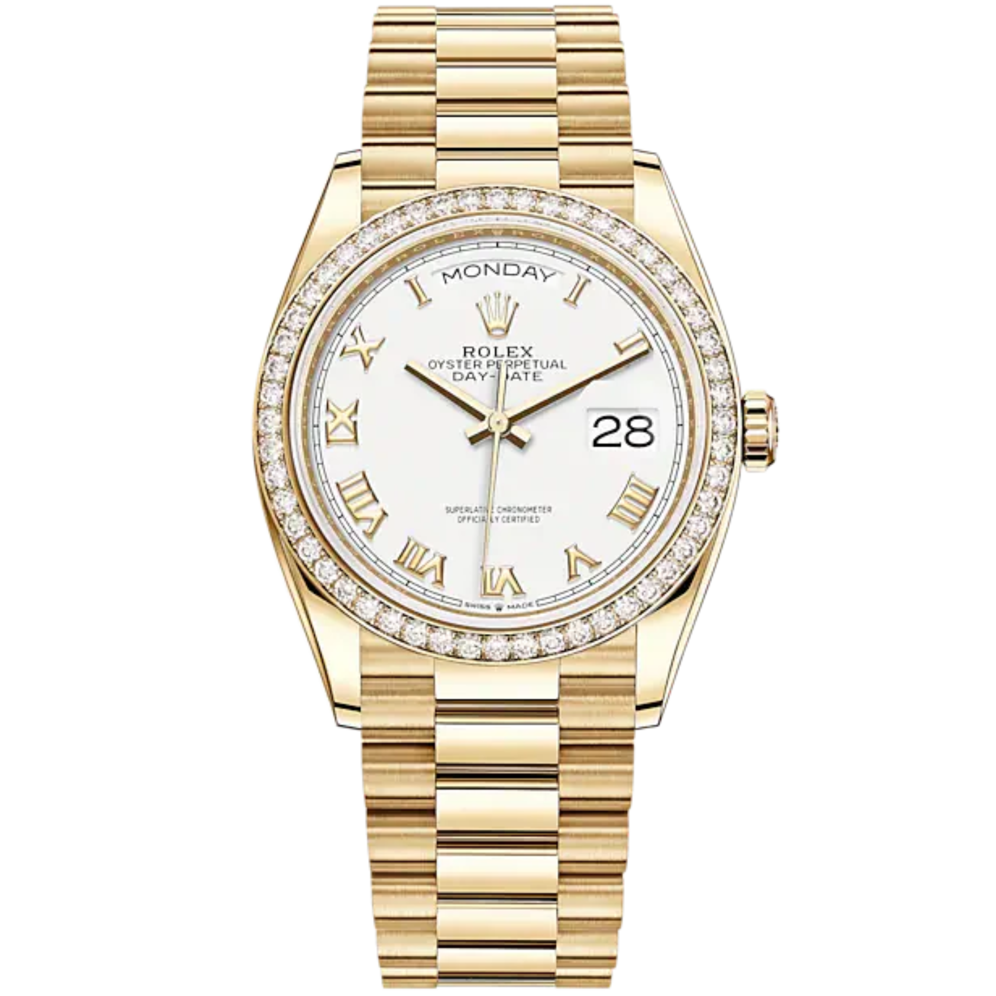 Day-Date 36 36mm President Bracelet and 18 KT Yellow Gold with White Dial and Diamond-Set Bezel - Rolex