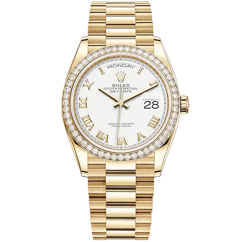 Day-Date 36 36mm President Bracelet and 18 KT Yellow Gold with White Dial and Diamond-Set Bezel - Rolex