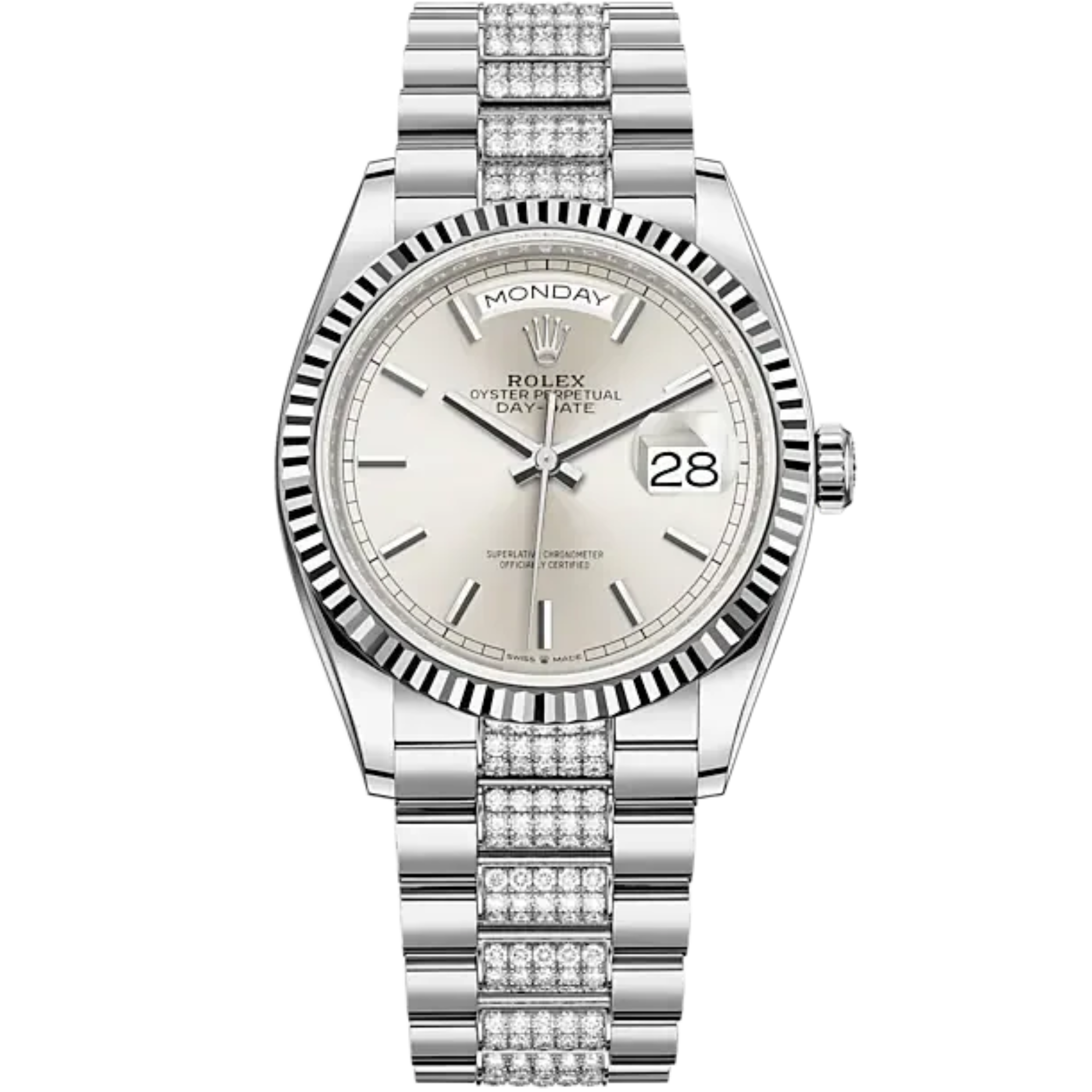 Day-Date 36 36mm President Bracelet and 18 KT White Gold with Silver Dial Fluted Bezel - Rolex