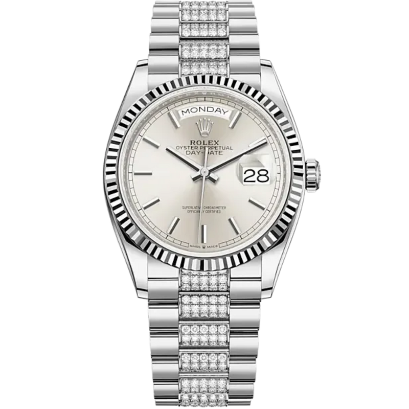 Day-Date 36 36mm President Bracelet and 18 KT White Gold with Silver Dial Fluted Bezel - Rolex