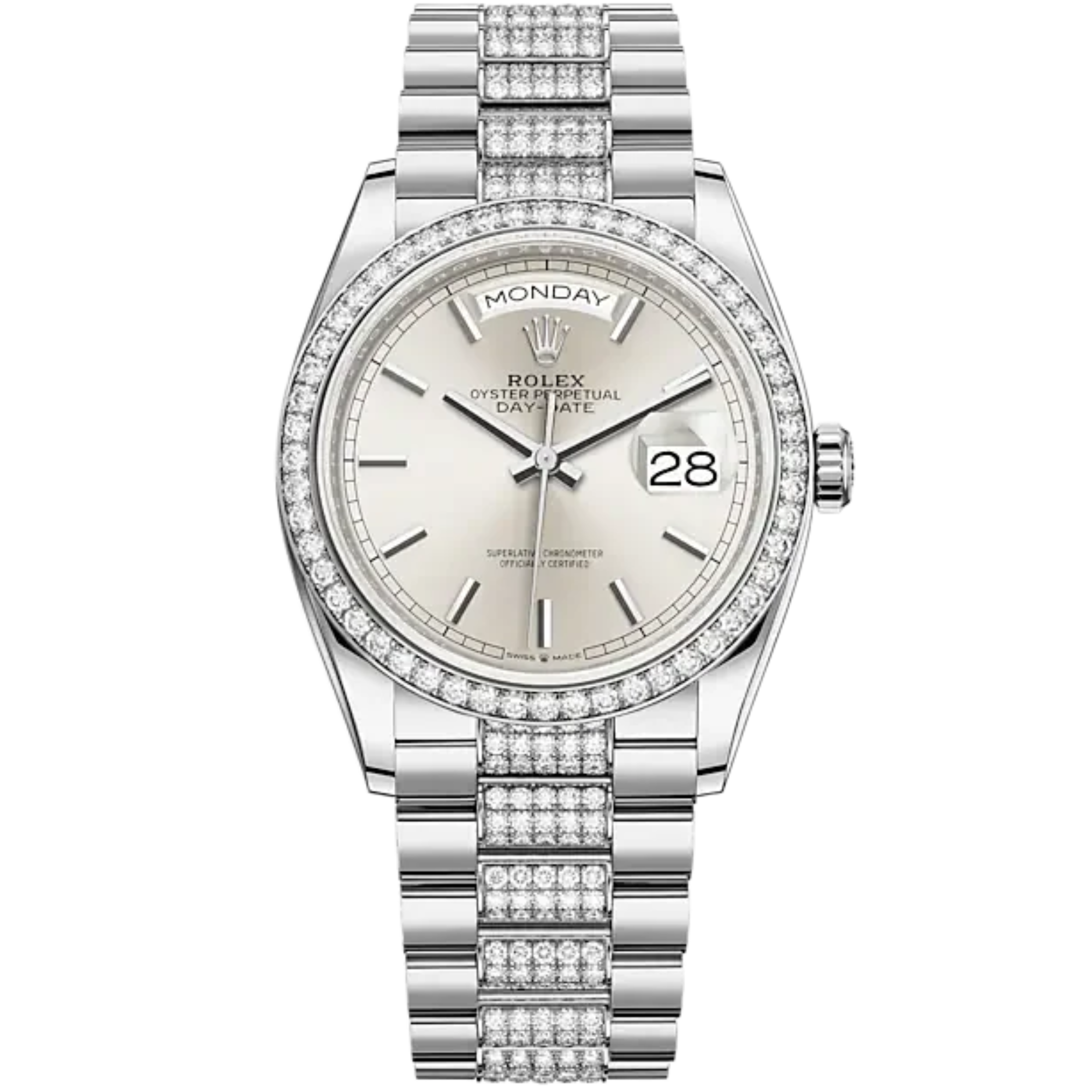 Day-Date 36 36mm Diamond-Set President Bracelet and 18 KT White Gold with Silver Dial Diamond-Set Bezel - Rolex