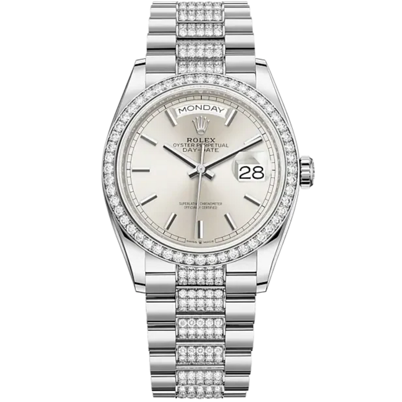 Day-Date 36 36mm Diamond-Set President Bracelet and 18 KT White Gold with Silver Dial Diamond-Set Bezel - Rolex