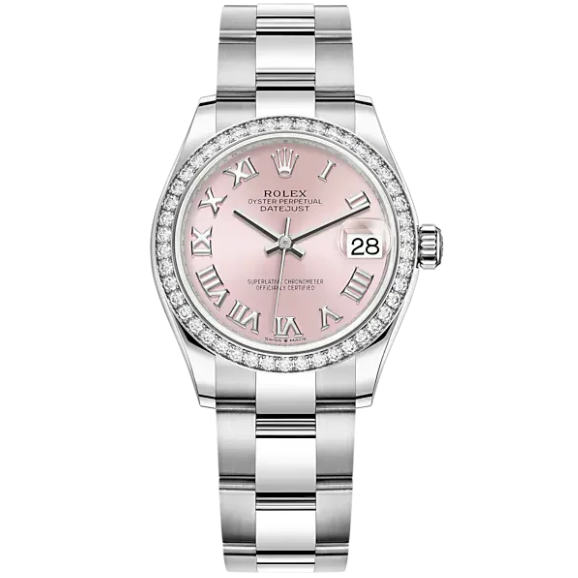 Datejust 31 31mm Oyster Bracelet Oystersteel and White Gold with Pink Roman Dial Diamond-Set Bezel - Rolex